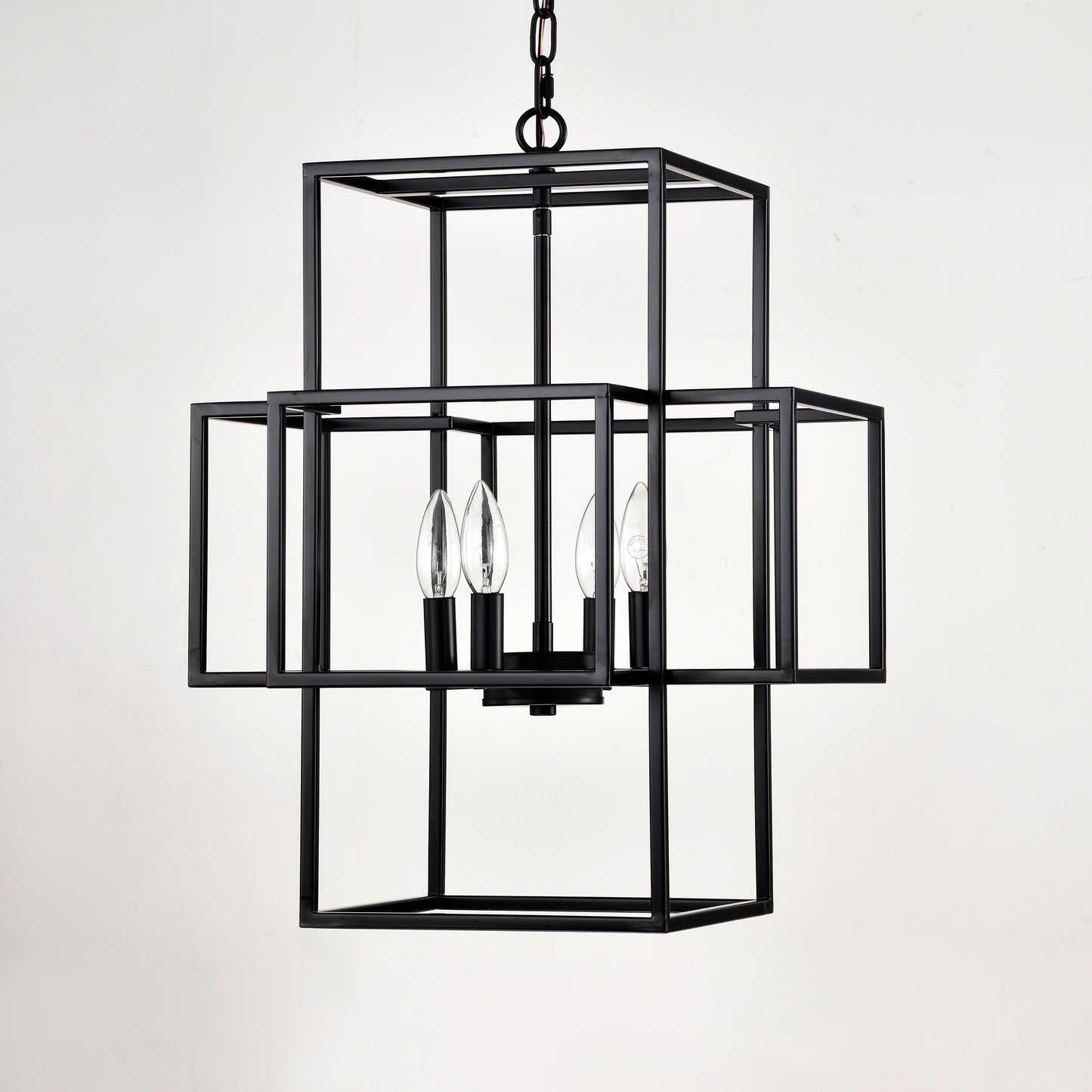 4-Light Metal Lantern Tiered Pendant Hanging Light Fixtures, Industrial Farmhouse Adjustable Height Chandeliers for Dining Room Hallway Foyer Entryway--Matte Black