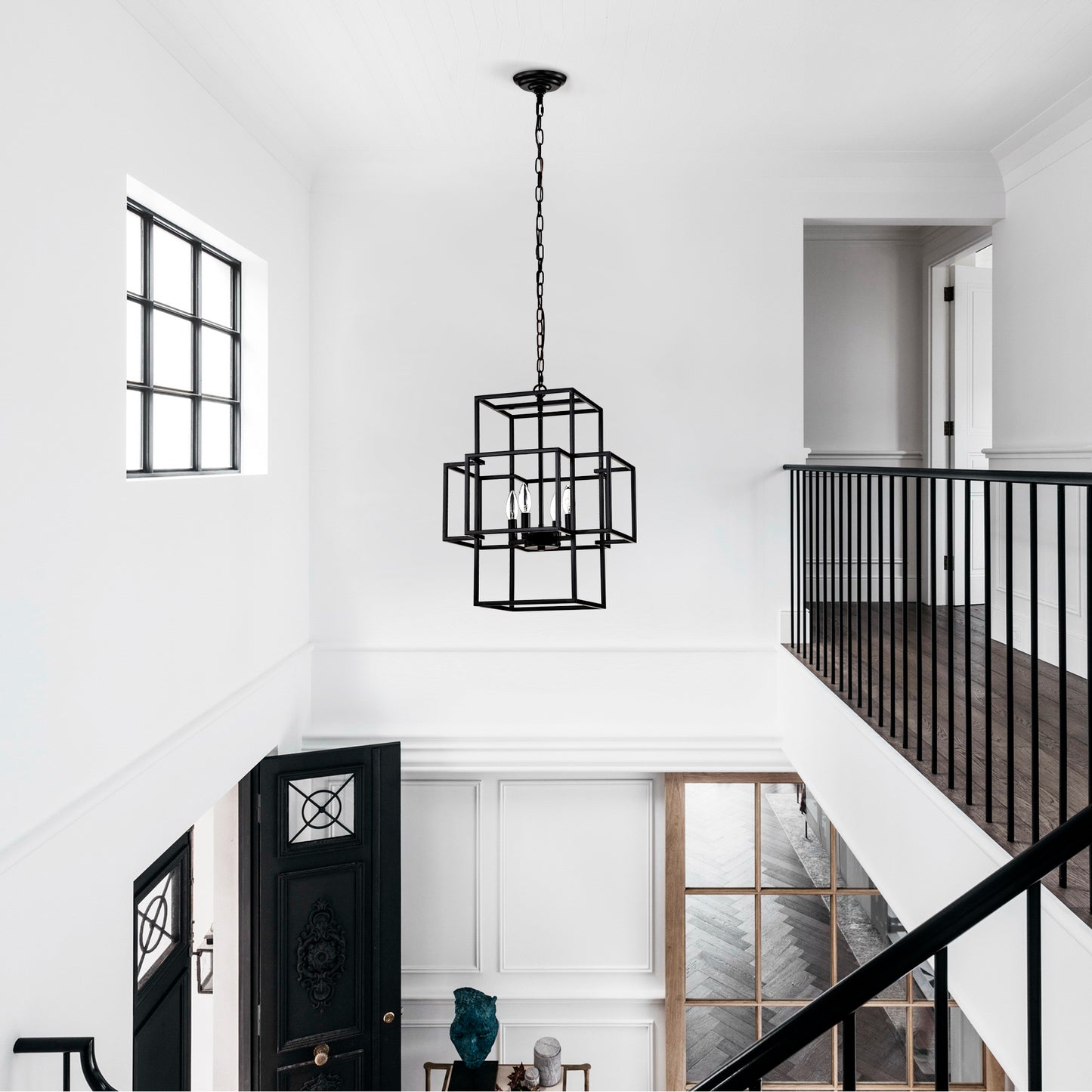 4-Light Metal Lantern Tiered Pendant Hanging Light Fixtures, Industrial Farmhouse Adjustable Height Chandeliers for Dining Room Hallway Foyer Entryway--Matte Black