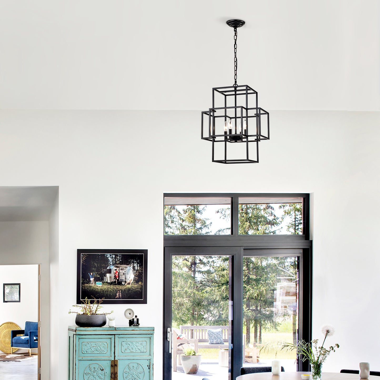 4-Light Metal Lantern Tiered Pendant Hanging Light Fixtures, Industrial Farmhouse Adjustable Height Chandeliers for Dining Room Hallway Foyer Entryway--Matte Black