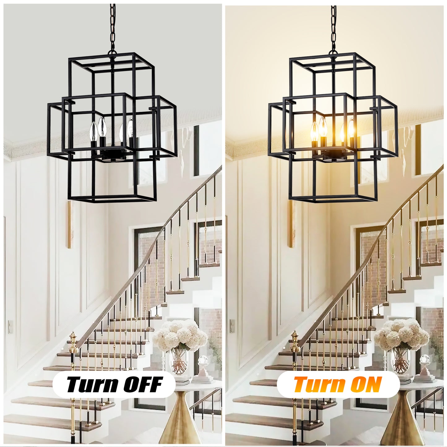 4-Light Metal Lantern Tiered Pendant Hanging Light Fixtures, Industrial Farmhouse Adjustable Height Chandeliers for Dining Room Hallway Foyer Entryway--Matte Black