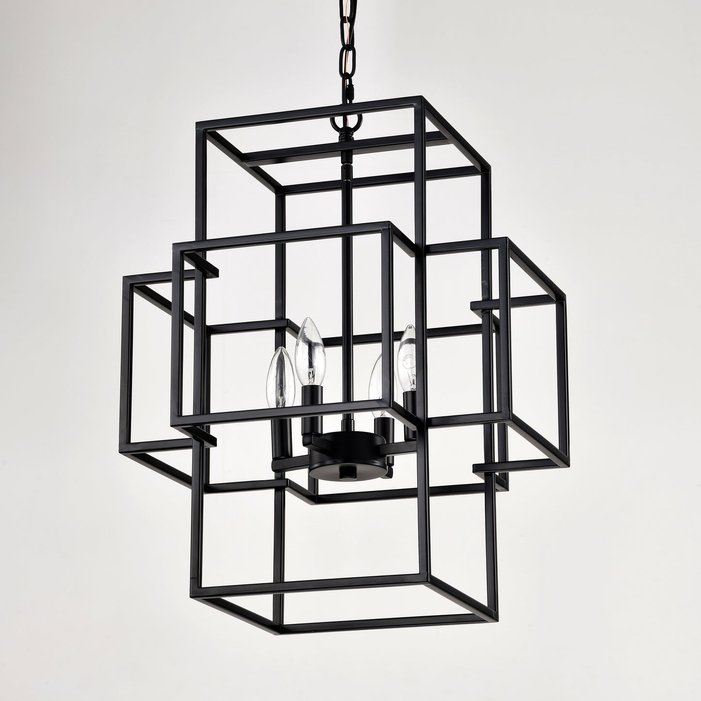 4-Light Metal Lantern Tiered Pendant Hanging Light Fixtures, Industrial Farmhouse Adjustable Height Chandeliers for Dining Room Hallway Foyer Entryway--Matte Black