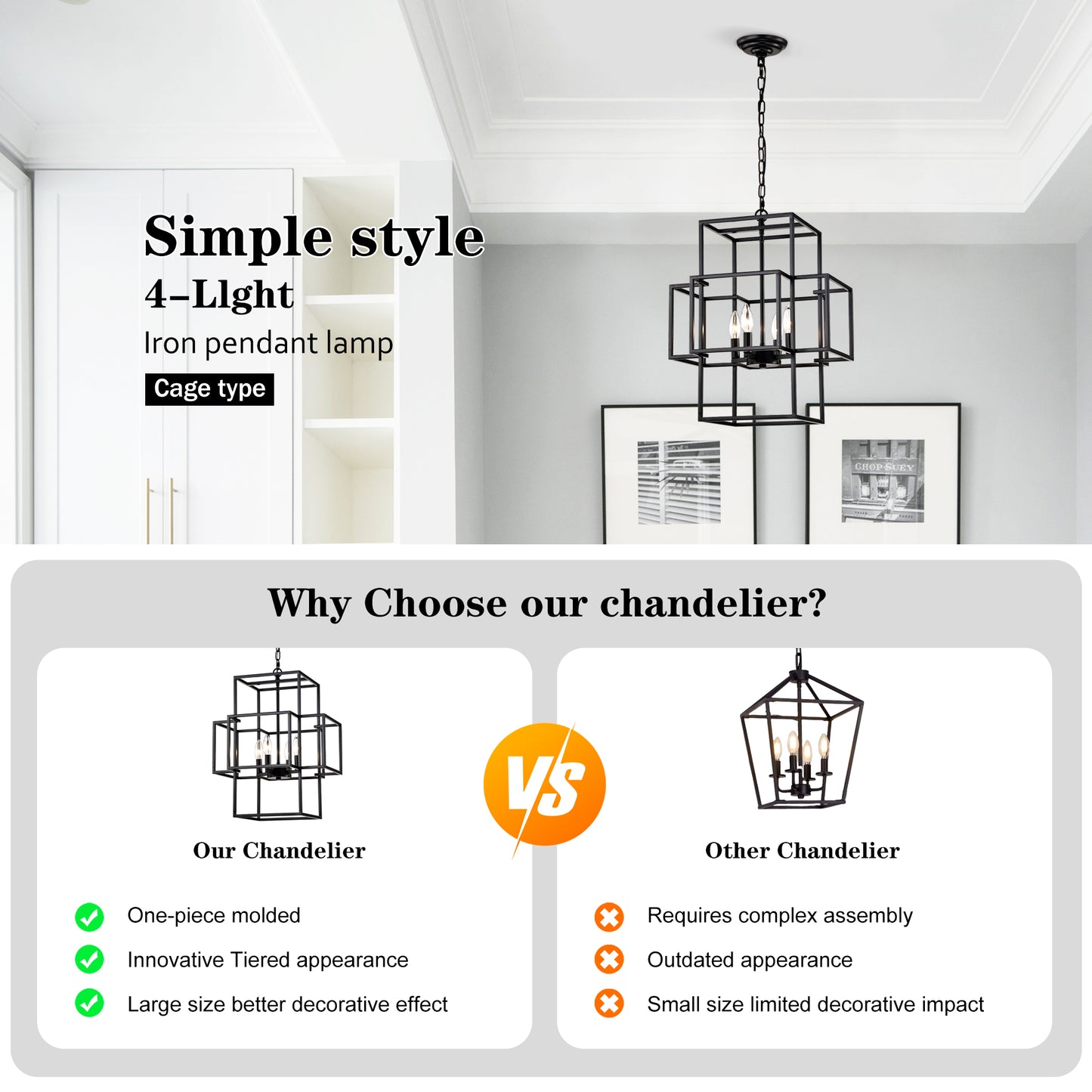 4-Light Metal Lantern Tiered Pendant Hanging Light Fixtures, Industrial Farmhouse Adjustable Height Chandeliers for Dining Room Hallway Foyer Entryway--Matte Black