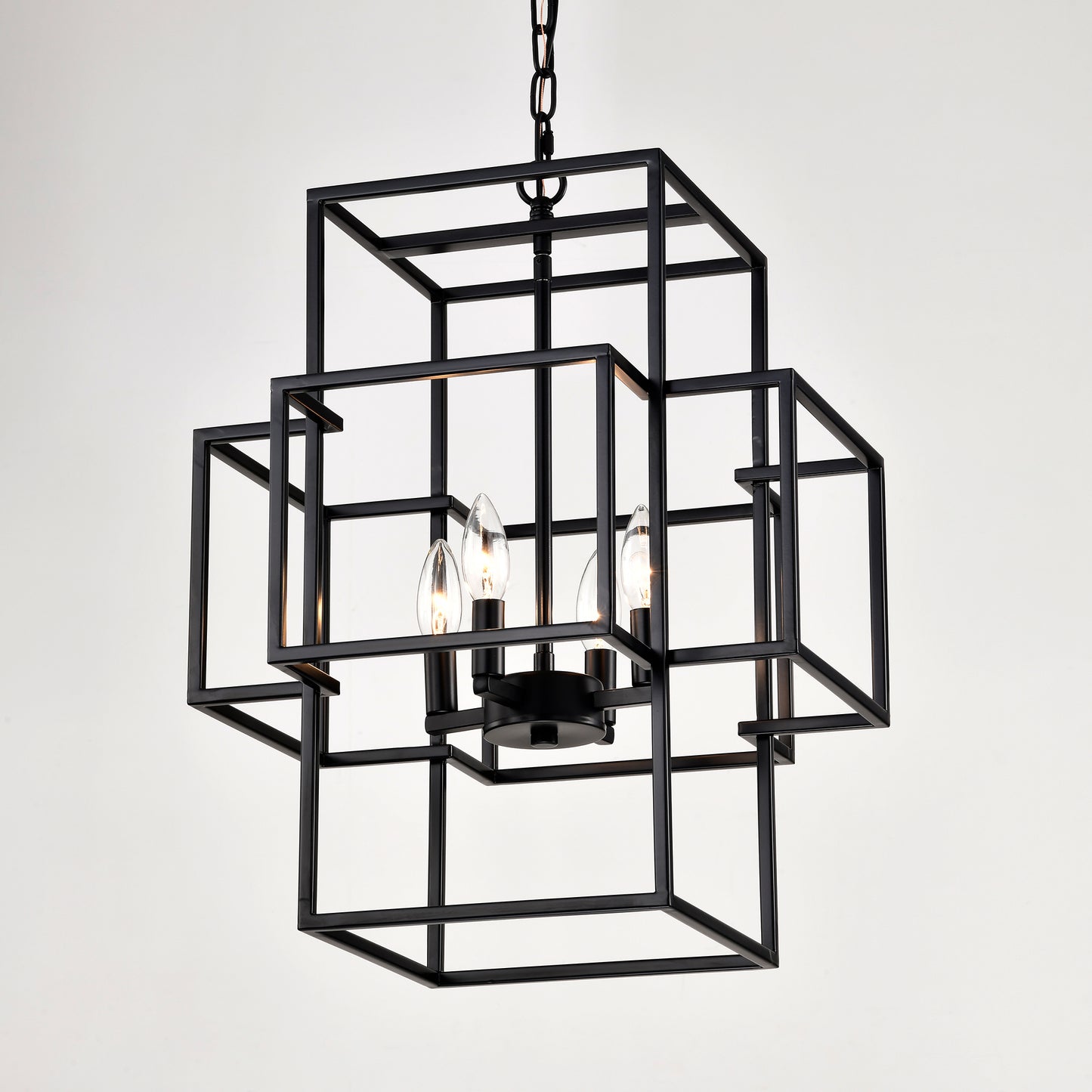 4-Light Metal Lantern Tiered Pendant Hanging Light Fixtures, Industrial Farmhouse Adjustable Height Chandeliers for Dining Room Hallway Foyer Entryway--Matte Black