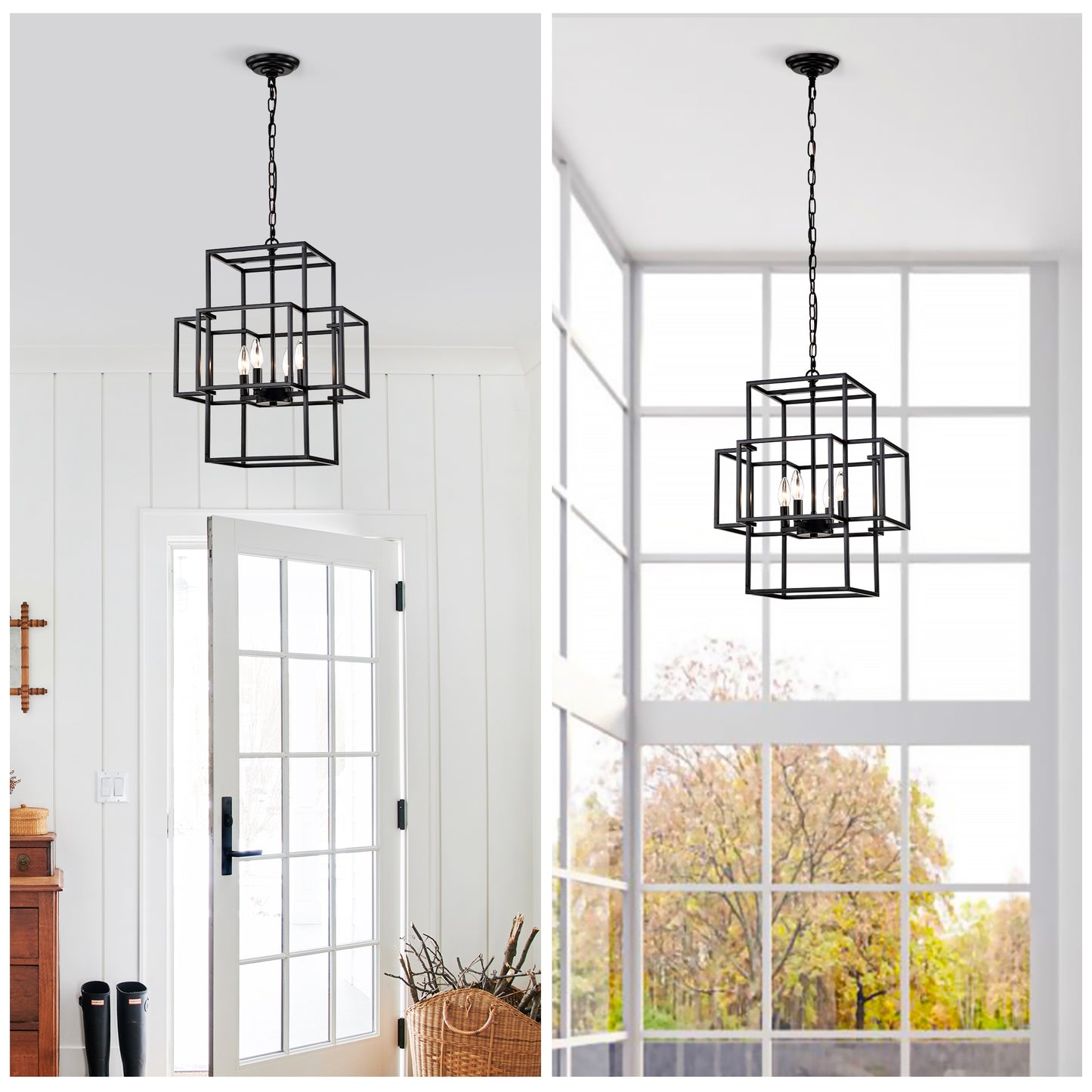 4-Light Metal Lantern Tiered Pendant Hanging Light Fixtures, Industrial Farmhouse Adjustable Height Chandeliers for Dining Room Hallway Foyer Entryway--Matte Black