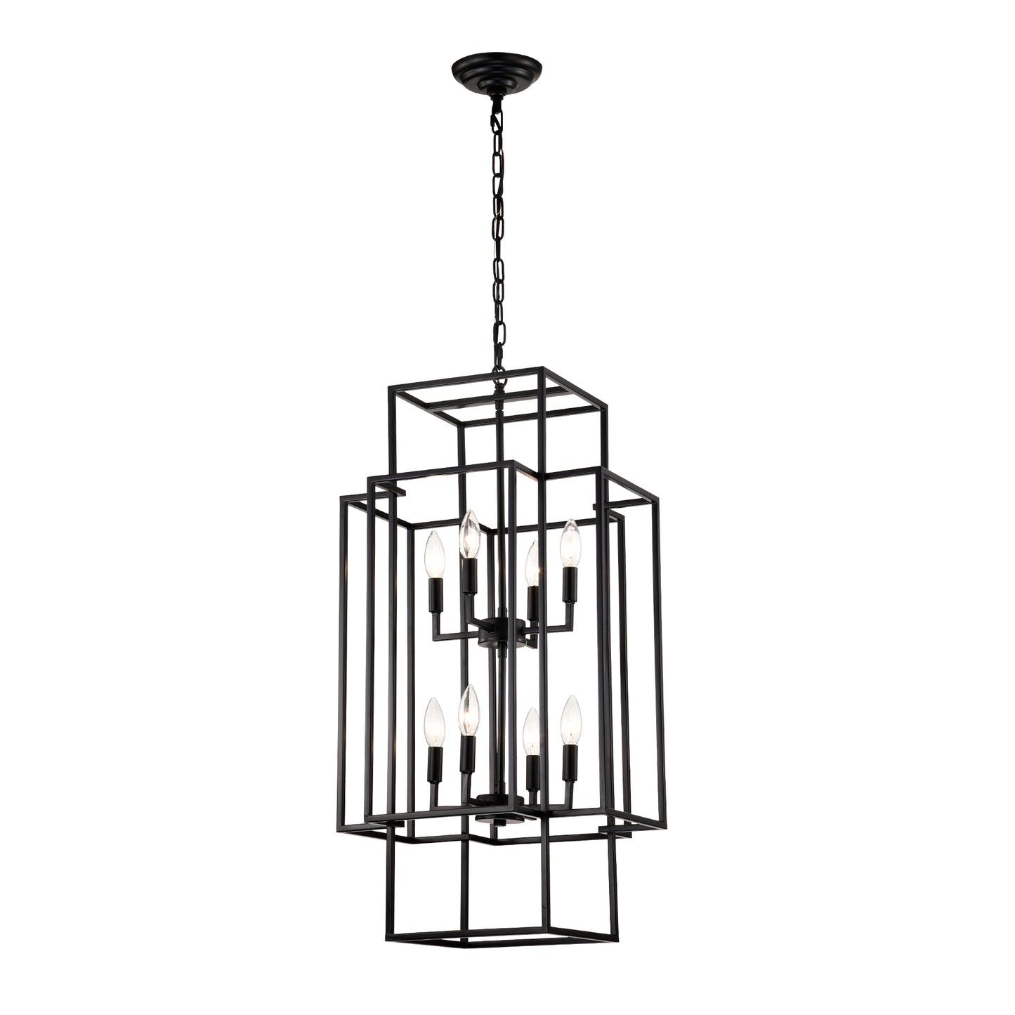 8-Light Metal Lantern Tiered Pendant Hanging Light Fixtures, Industrial Farmhouse Adjustable Height Chandeliers for Dining Room Hallway Foyer Entryway--Matte Black (E12 Bulbs Not Included)