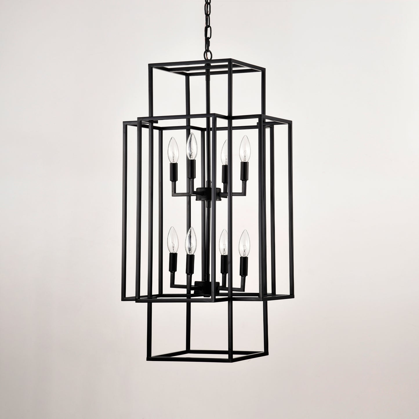8-Light Metal Lantern Tiered Pendant Hanging Light Fixtures, Industrial Farmhouse Adjustable Height Chandeliers for Dining Room Hallway Foyer Entryway--Matte Black (E12 Bulbs Not Included)