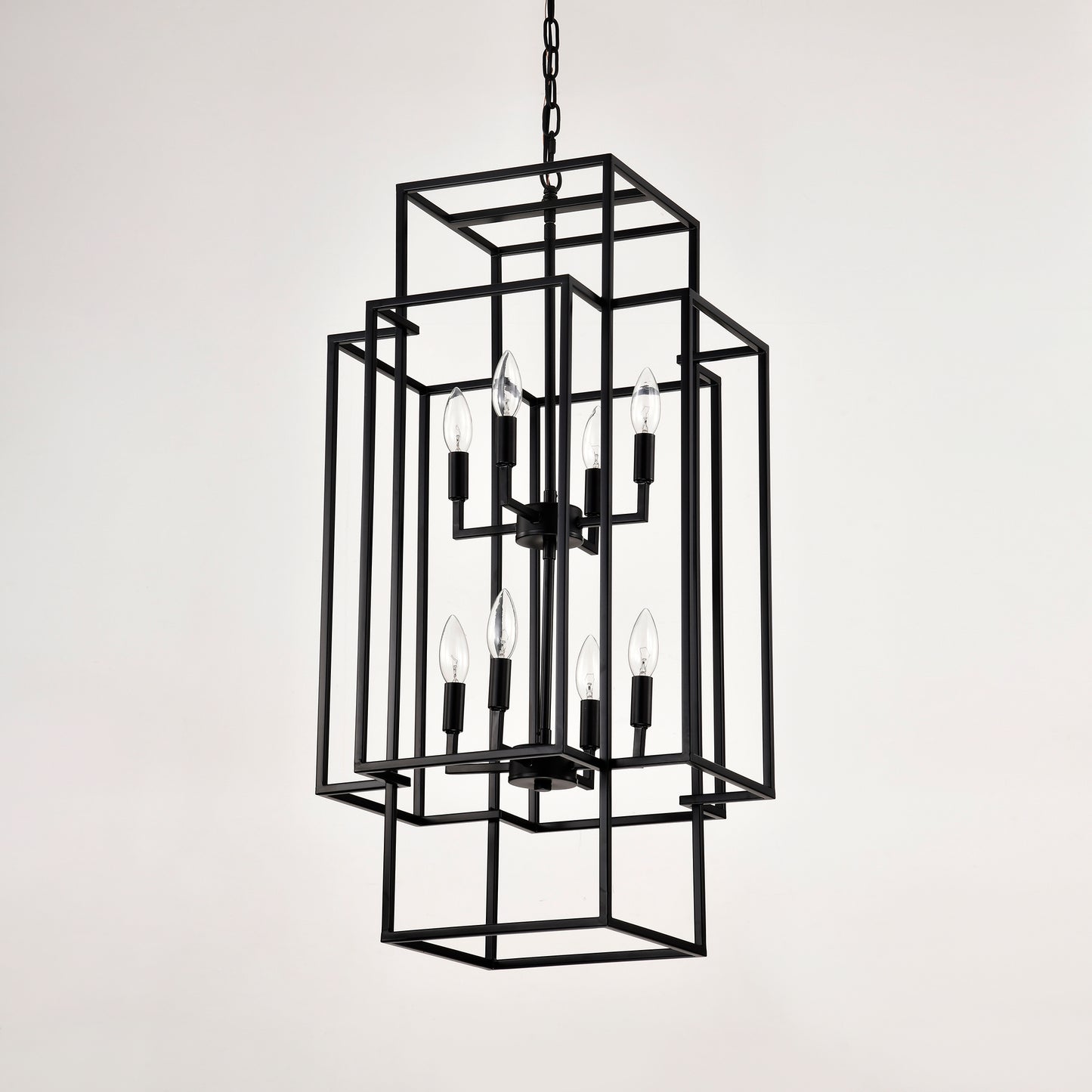 8-Light Metal Lantern Tiered Pendant Hanging Light Fixtures, Industrial Farmhouse Adjustable Height Chandeliers for Dining Room Hallway Foyer Entryway--Matte Black (E12 Bulbs Not Included)