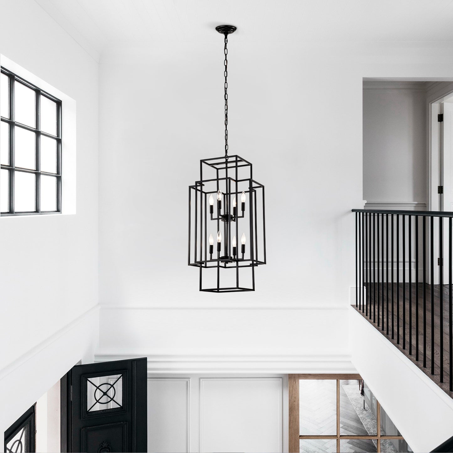 8-Light Metal Lantern Tiered Pendant Hanging Light Fixtures, Industrial Farmhouse Adjustable Height Chandeliers for Dining Room Hallway Foyer Entryway--Matte Black (E12 Bulbs Not Included)
