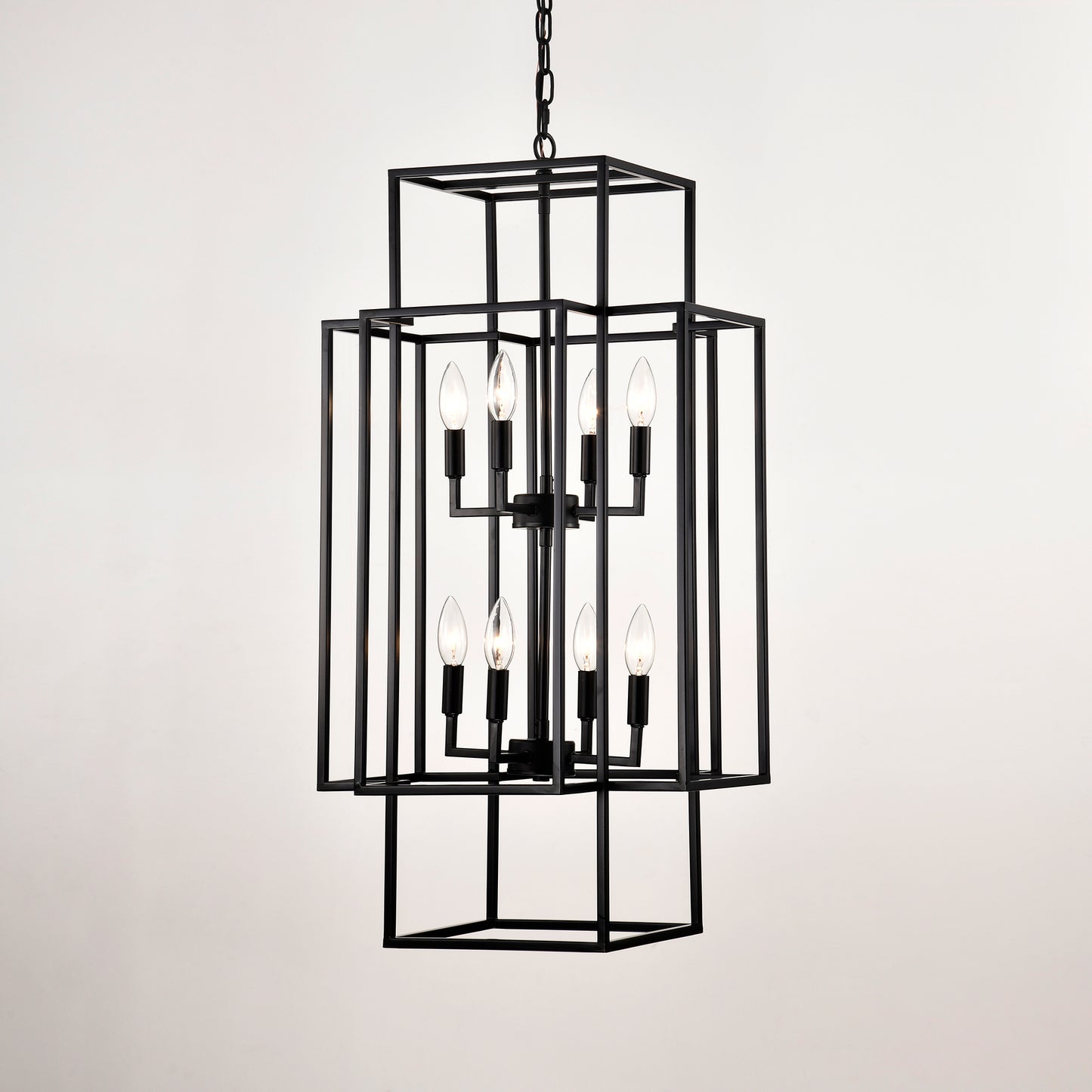 8-Light Metal Lantern Tiered Pendant Hanging Light Fixtures, Industrial Farmhouse Adjustable Height Chandeliers for Dining Room Hallway Foyer Entryway--Matte Black (E12 Bulbs Not Included)