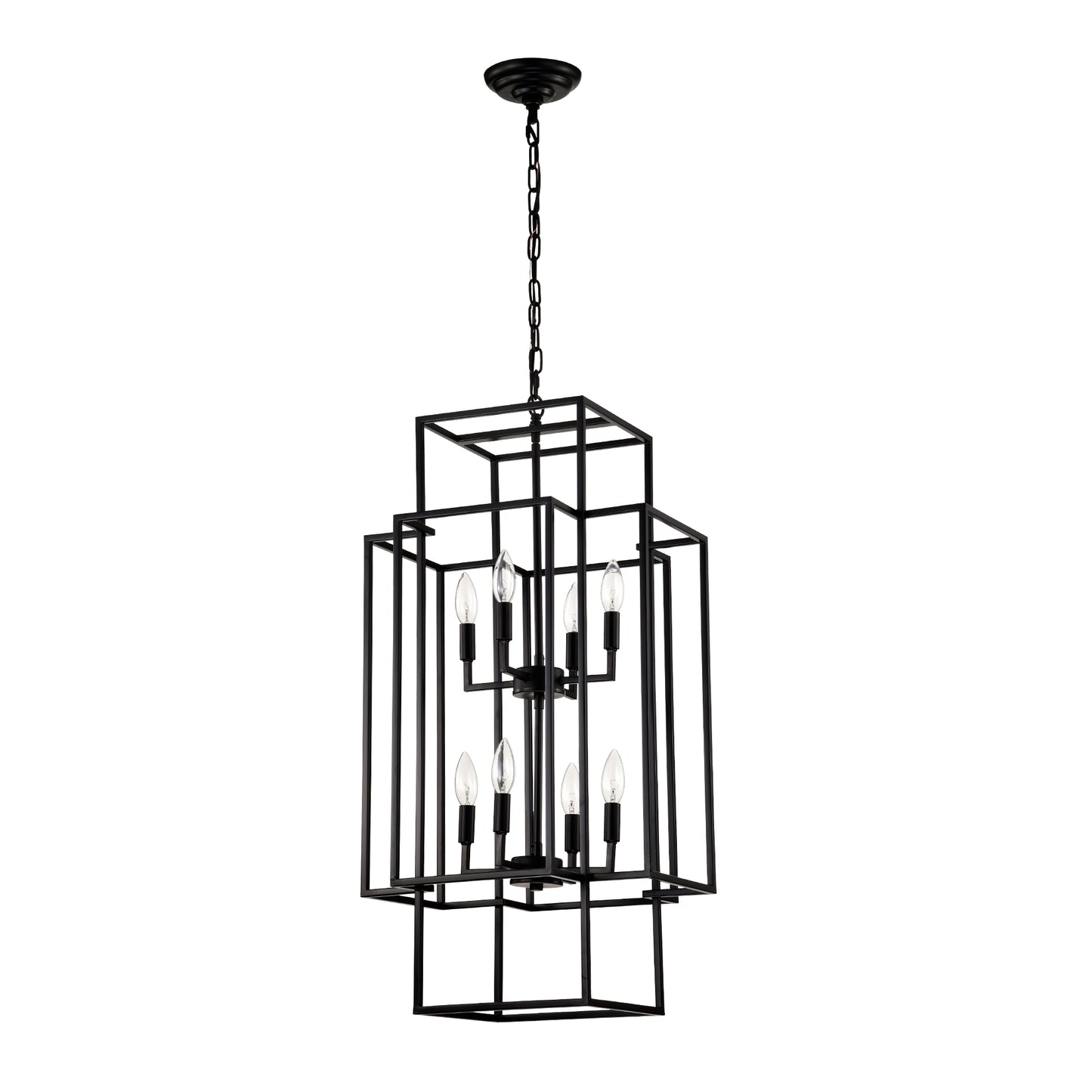 8-Light Metal Lantern Tiered Pendant Hanging Light Fixtures, Industrial Farmhouse Adjustable Height Chandeliers for Dining Room Hallway Foyer Entryway--Matte Black (E12 Bulbs Not Included)
