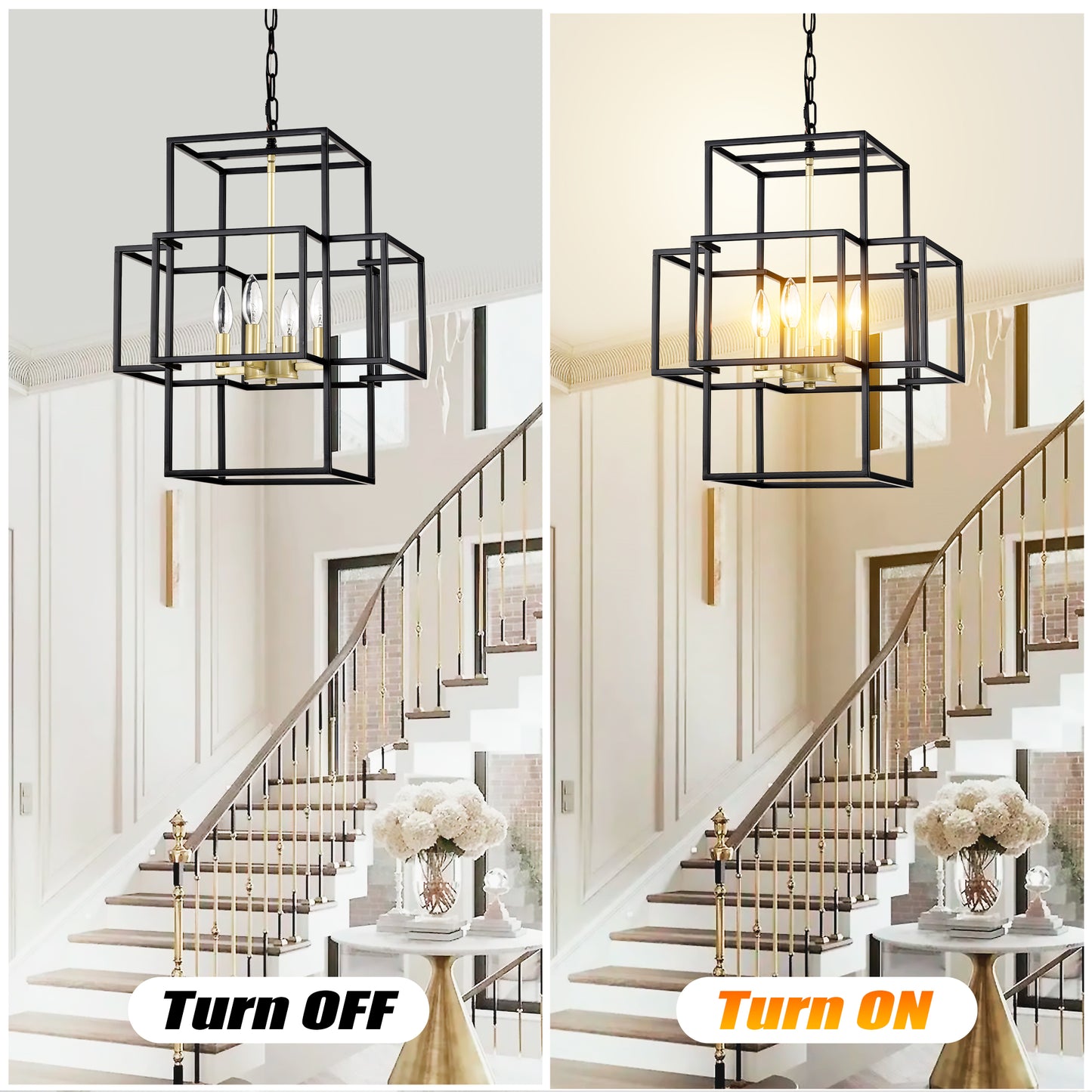 4-Light Metal Lantern Tiered Pendant Hanging Light Fixtures, Industrial Farmhouse Adjustable Height Chandeliers for Dining Room Hallway Foyer Entryway--Matte Black & Gold (E12 Bulbs Not Included)
