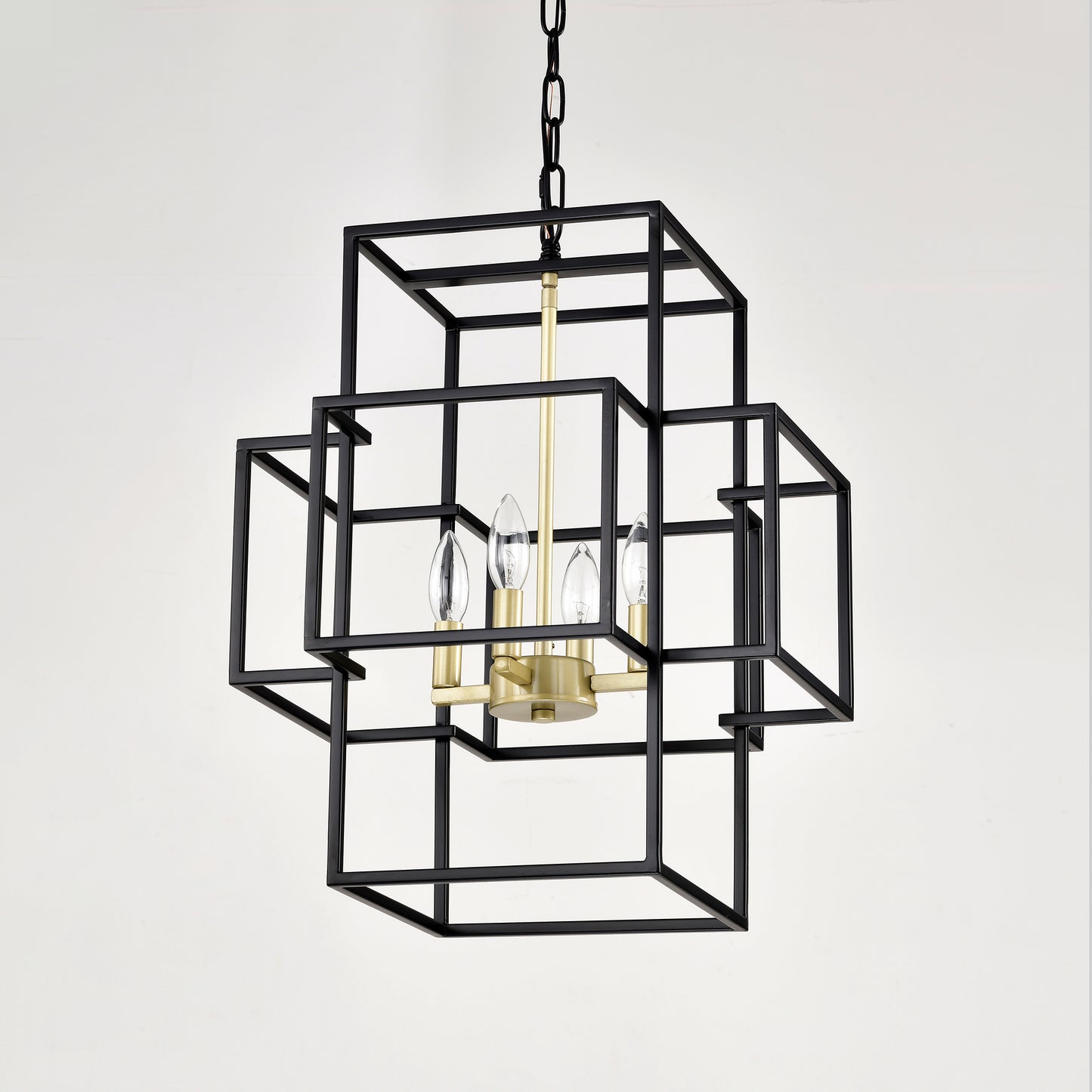 4-Light Metal Lantern Tiered Pendant Hanging Light Fixtures, Industrial Farmhouse Adjustable Height Chandeliers for Dining Room Hallway Foyer Entryway--Matte Black & Gold (E12 Bulbs Not Included)