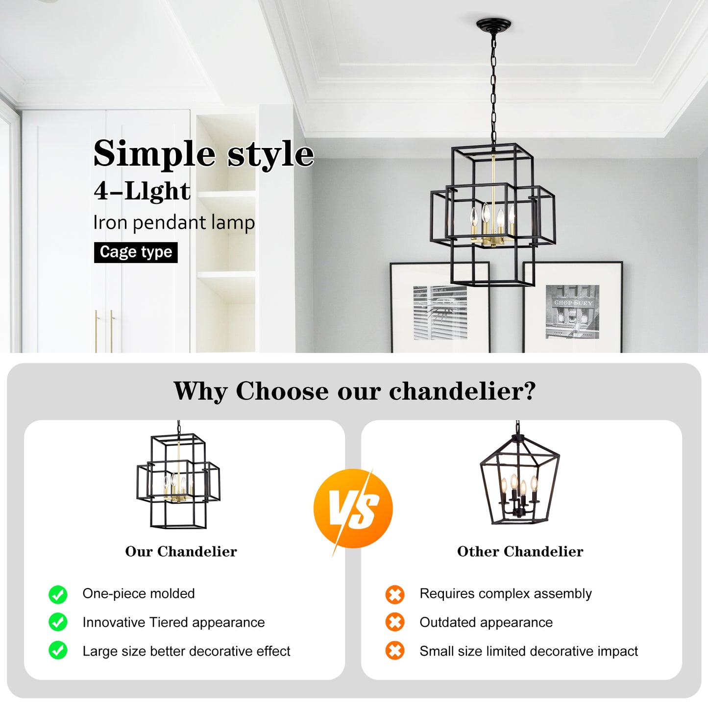 4-Light Metal Lantern Tiered Pendant Hanging Light Fixtures, Industrial Farmhouse Adjustable Height Chandeliers for Dining Room Hallway Foyer Entryway--Matte Black & Gold (E12 Bulbs Not Included)