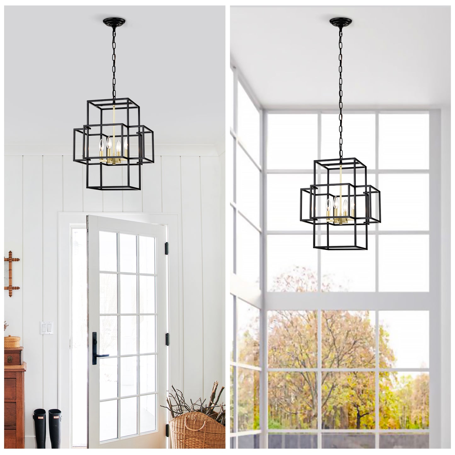 4-Light Metal Lantern Tiered Pendant Hanging Light Fixtures, Industrial Farmhouse Adjustable Height Chandeliers for Dining Room Hallway Foyer Entryway--Matte Black & Gold (E12 Bulbs Not Included)