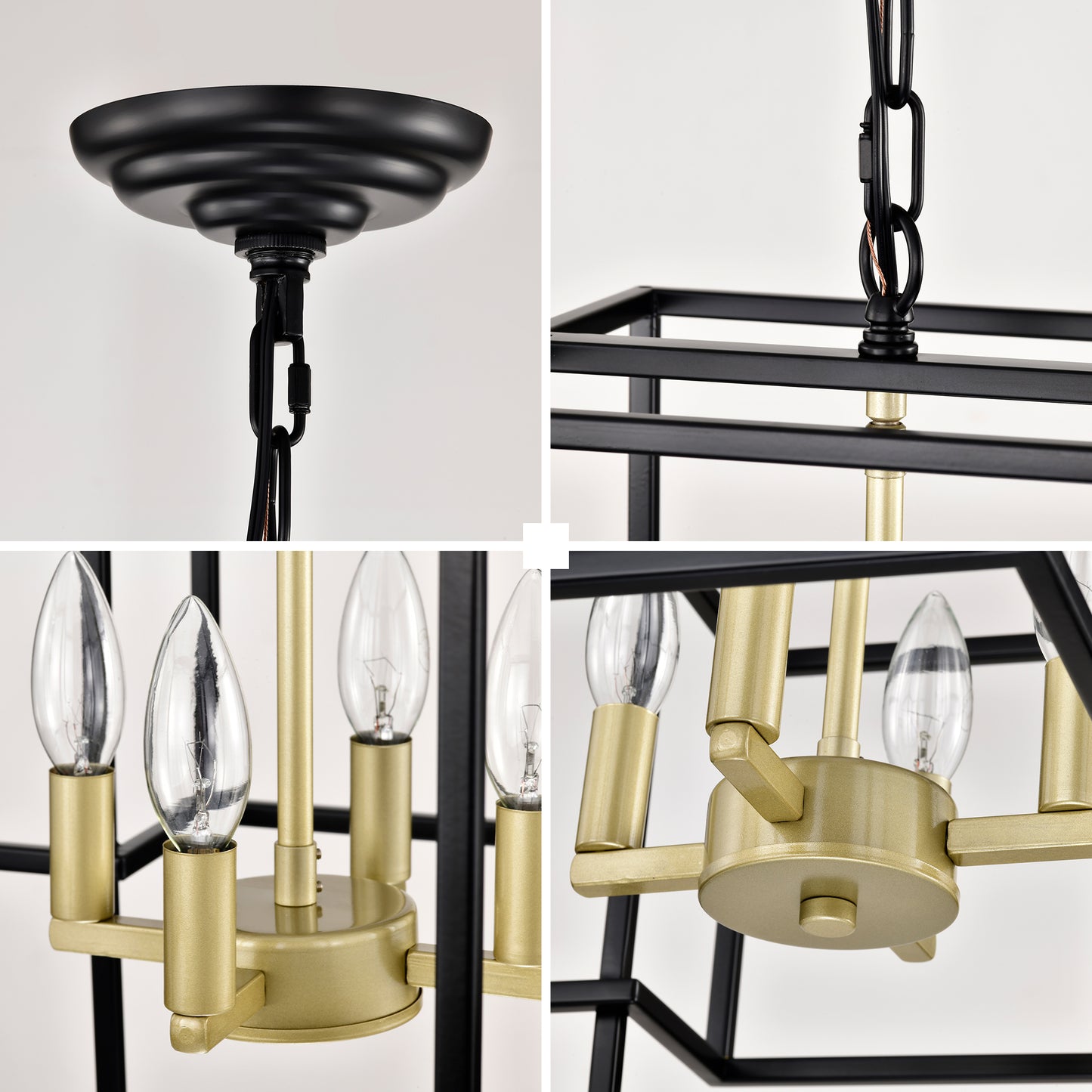 4-Light Metal Lantern Tiered Pendant Hanging Light Fixtures, Industrial Farmhouse Adjustable Height Chandeliers for Dining Room Hallway Foyer Entryway--Matte Black & Gold (E12 Bulbs Not Included)