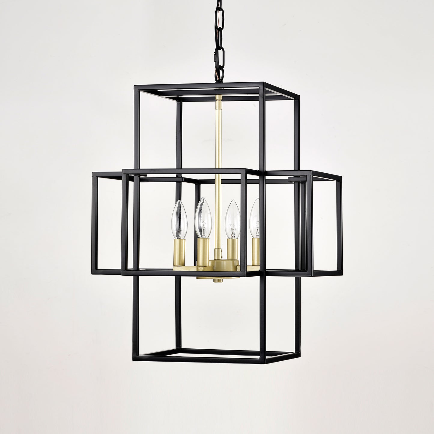 4-Light Metal Lantern Tiered Pendant Hanging Light Fixtures, Industrial Farmhouse Adjustable Height Chandeliers for Dining Room Hallway Foyer Entryway--Matte Black & Gold (E12 Bulbs Not Included)