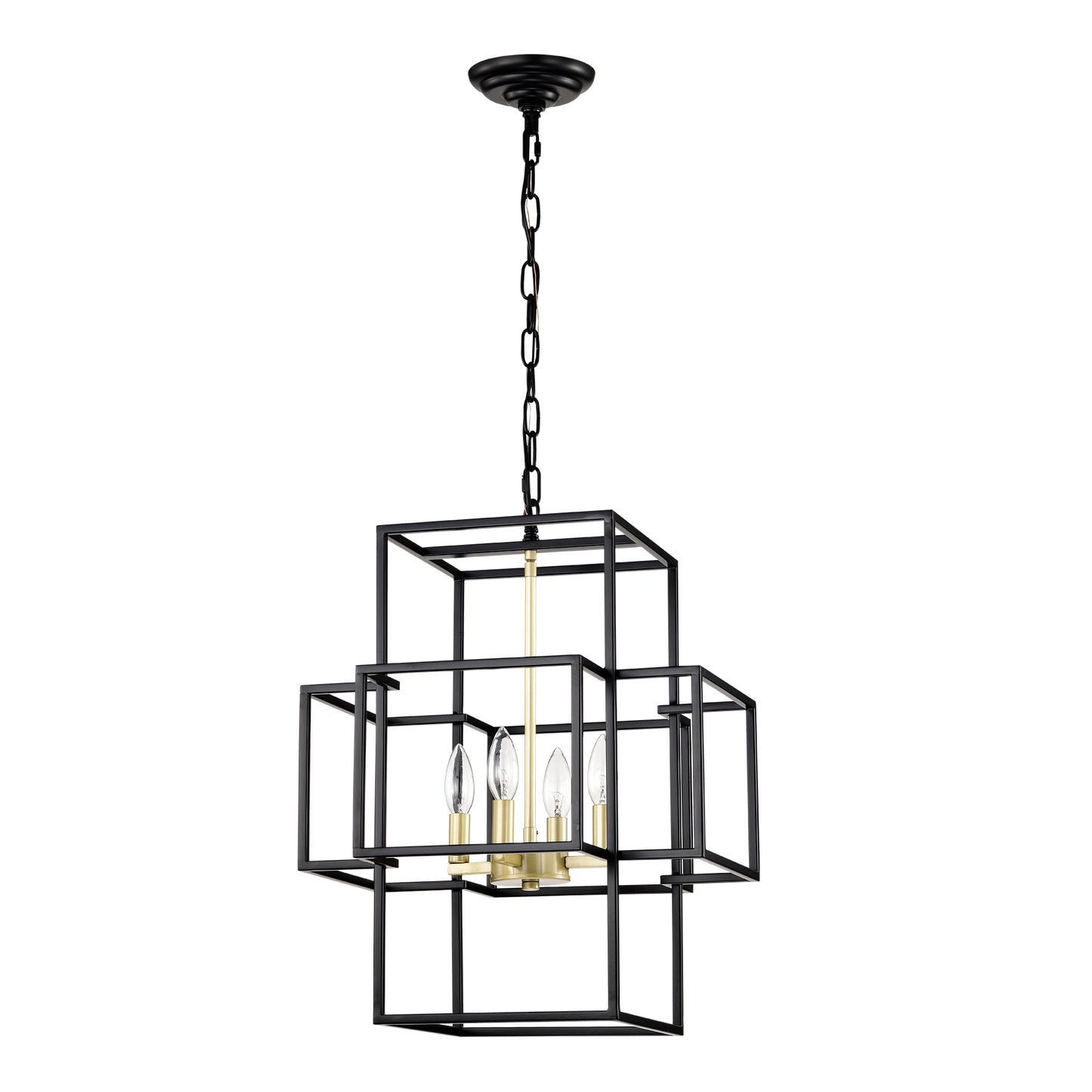 4-Light Metal Lantern Tiered Pendant Hanging Light Fixtures, Industrial Farmhouse Adjustable Height Chandeliers for Dining Room Hallway Foyer Entryway--Matte Black & Gold (E12 Bulbs Not Included)