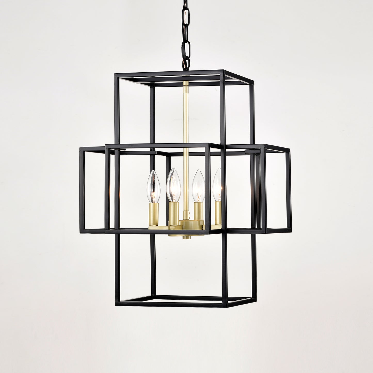 4-Light Metal Lantern Tiered Pendant Hanging Light Fixtures, Industrial Farmhouse Adjustable Height Chandeliers for Dining Room Hallway Foyer Entryway--Matte Black & Gold (E12 Bulbs Not Included)