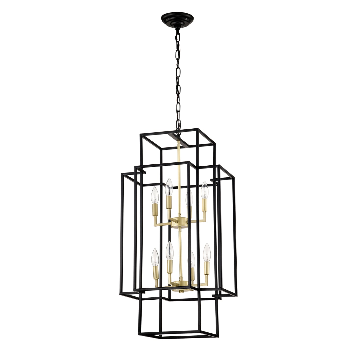 8-Light Metal Lantern Tiered Pendant Hanging Light Fixtures, Industrial Farmhouse Adjustable Height Chandeliers for Dining Room Hallway Foyer Entryway--Matte Black & Gold(E12 Bulbs Not Included)