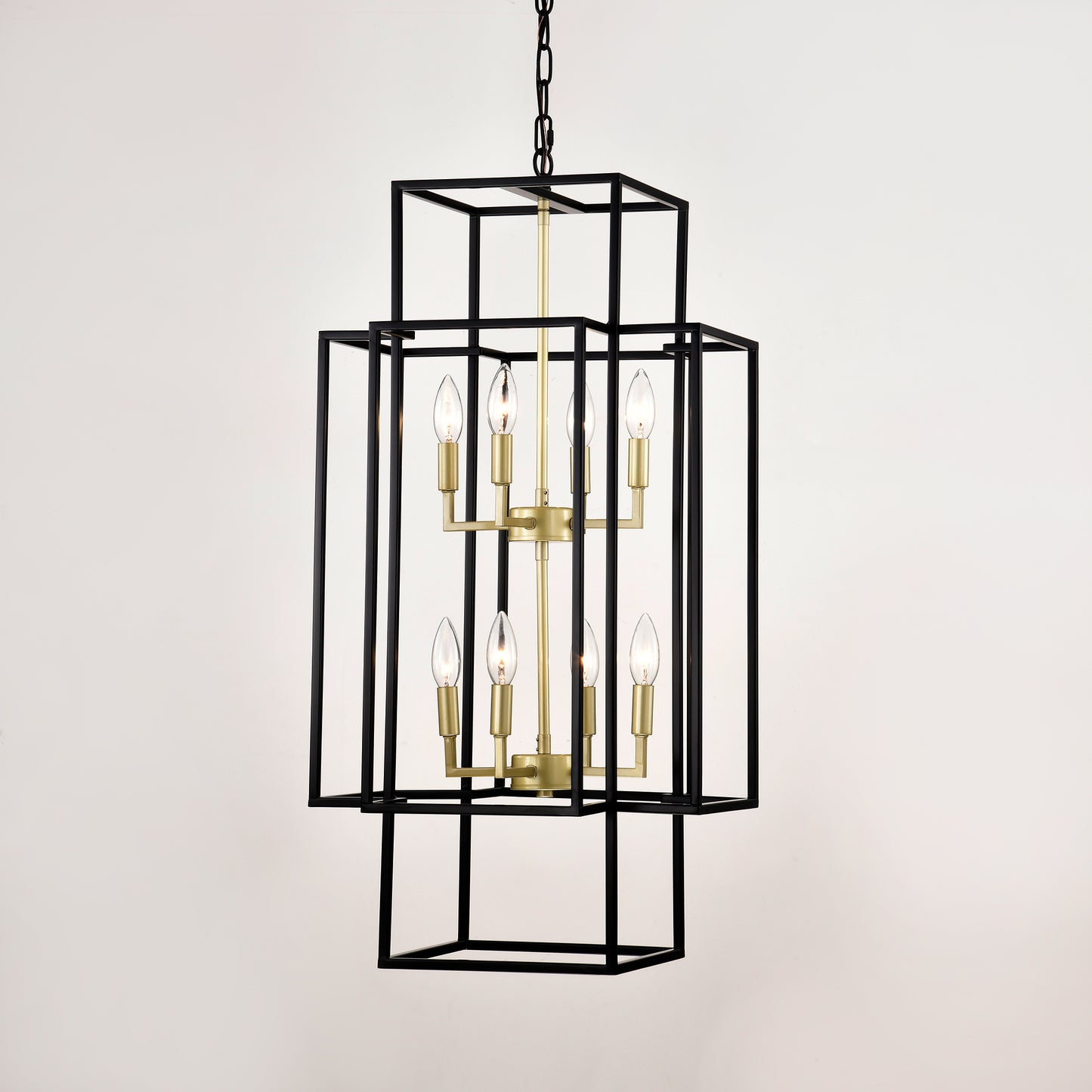 8-Light Metal Lantern Tiered Pendant Hanging Light Fixtures, Industrial Farmhouse Adjustable Height Chandeliers for Dining Room Hallway Foyer Entryway--Matte Black & Gold(E12 Bulbs Not Included)