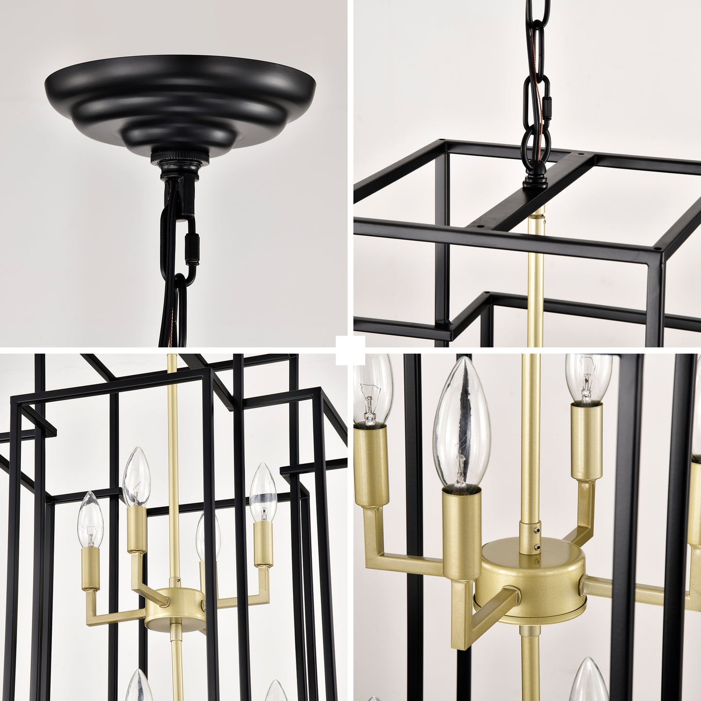 8-Light Metal Lantern Tiered Pendant Hanging Light Fixtures, Industrial Farmhouse Adjustable Height Chandeliers for Dining Room Hallway Foyer Entryway--Matte Black & Gold(E12 Bulbs Not Included)