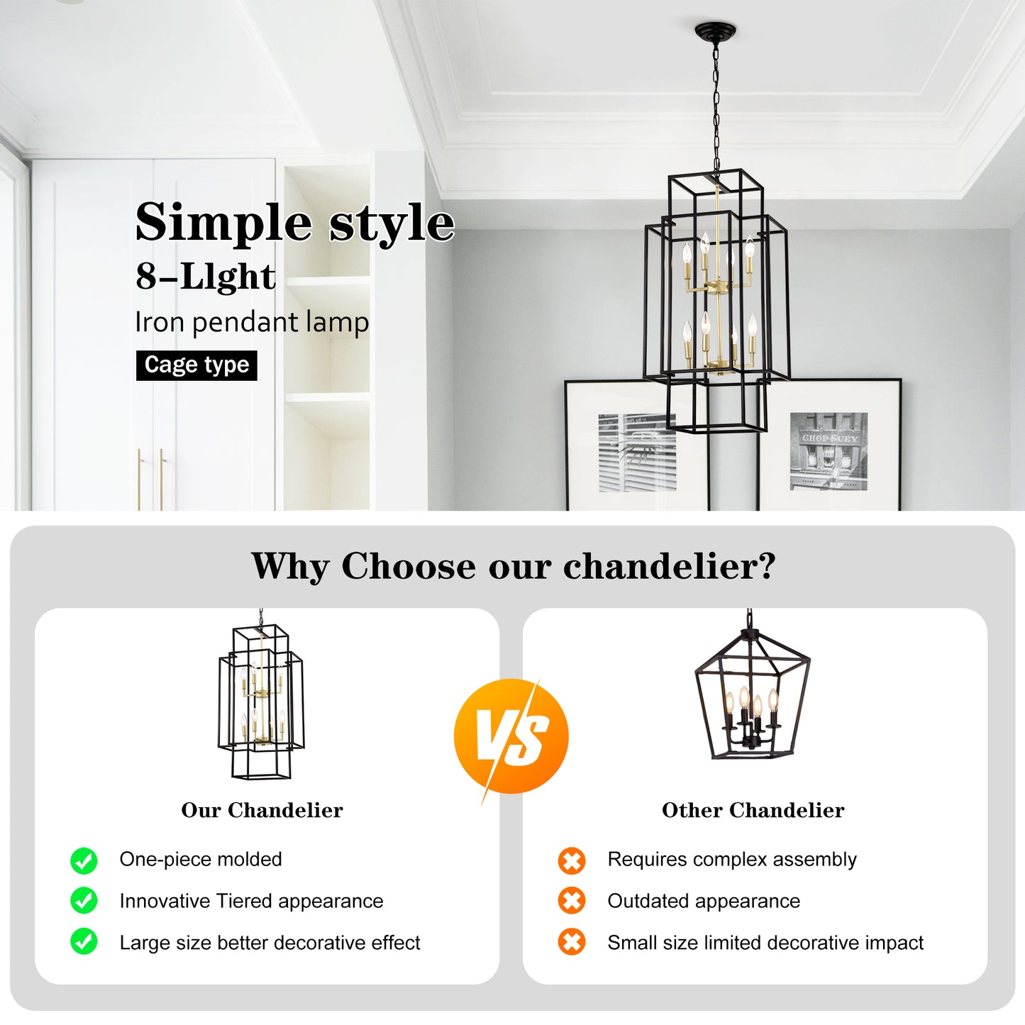 8-Light Metal Lantern Tiered Pendant Hanging Light Fixtures, Industrial Farmhouse Adjustable Height Chandeliers for Dining Room Hallway Foyer Entryway--Matte Black & Gold(E12 Bulbs Not Included)
