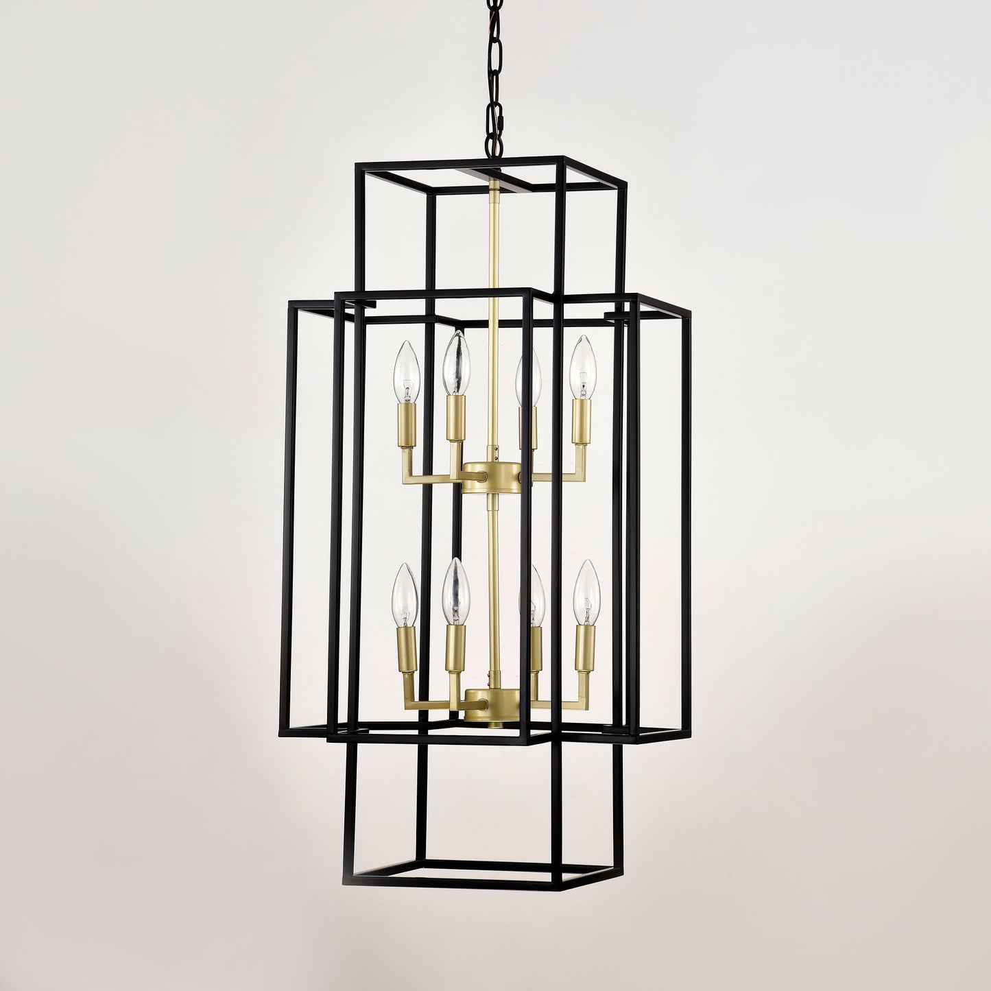 8-Light Metal Lantern Tiered Pendant Hanging Light Fixtures, Industrial Farmhouse Adjustable Height Chandeliers for Dining Room Hallway Foyer Entryway--Matte Black & Gold(E12 Bulbs Not Included)