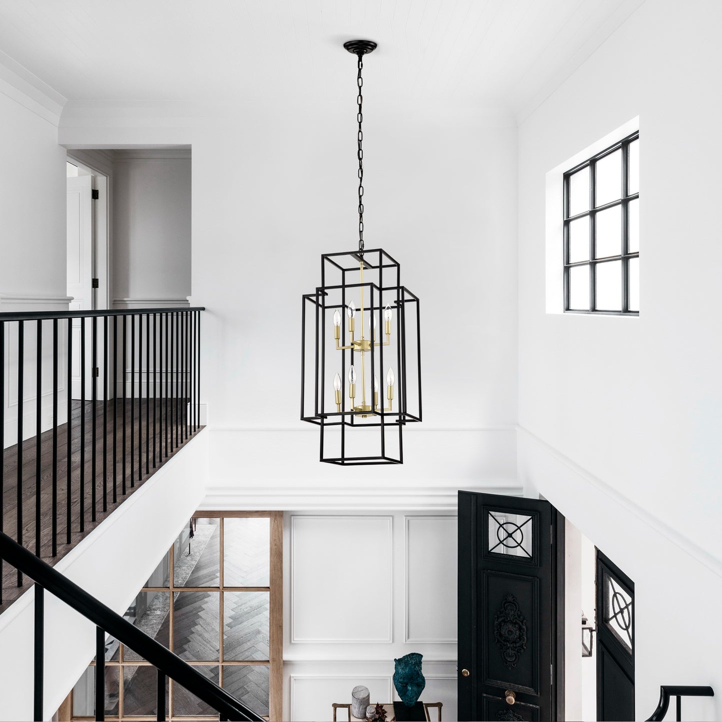 8-Light Metal Lantern Tiered Pendant Hanging Light Fixtures, Industrial Farmhouse Adjustable Height Chandeliers for Dining Room Hallway Foyer Entryway--Matte Black & Gold(E12 Bulbs Not Included)