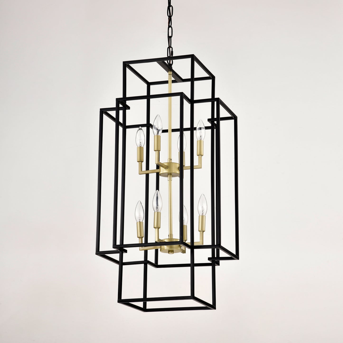 8-Light Metal Lantern Tiered Pendant Hanging Light Fixtures, Industrial Farmhouse Adjustable Height Chandeliers for Dining Room Hallway Foyer Entryway--Matte Black & Gold(E12 Bulbs Not Included)
