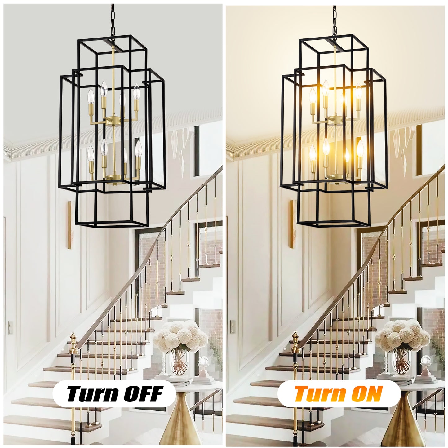 8-Light Metal Lantern Tiered Pendant Hanging Light Fixtures, Industrial Farmhouse Adjustable Height Chandeliers for Dining Room Hallway Foyer Entryway--Matte Black & Gold(E12 Bulbs Not Included)