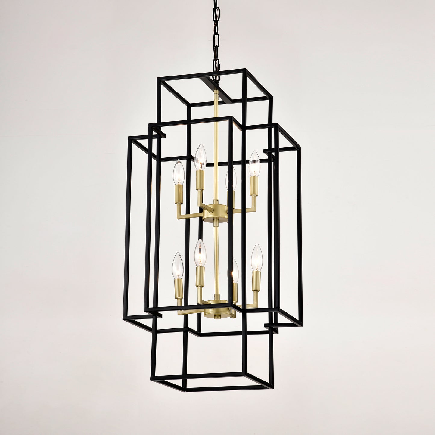 8-Light Metal Lantern Tiered Pendant Hanging Light Fixtures, Industrial Farmhouse Adjustable Height Chandeliers for Dining Room Hallway Foyer Entryway--Matte Black & Gold(E12 Bulbs Not Included)