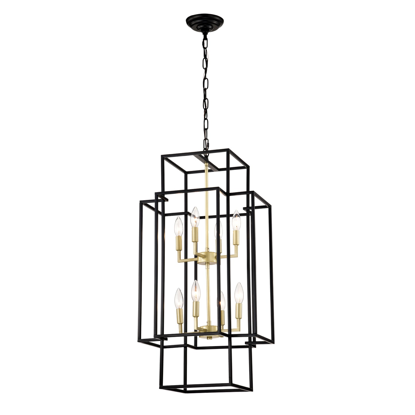 8-Light Metal Lantern Tiered Pendant Hanging Light Fixtures, Industrial Farmhouse Adjustable Height Chandeliers for Dining Room Hallway Foyer Entryway--Matte Black & Gold(E12 Bulbs Not Included)