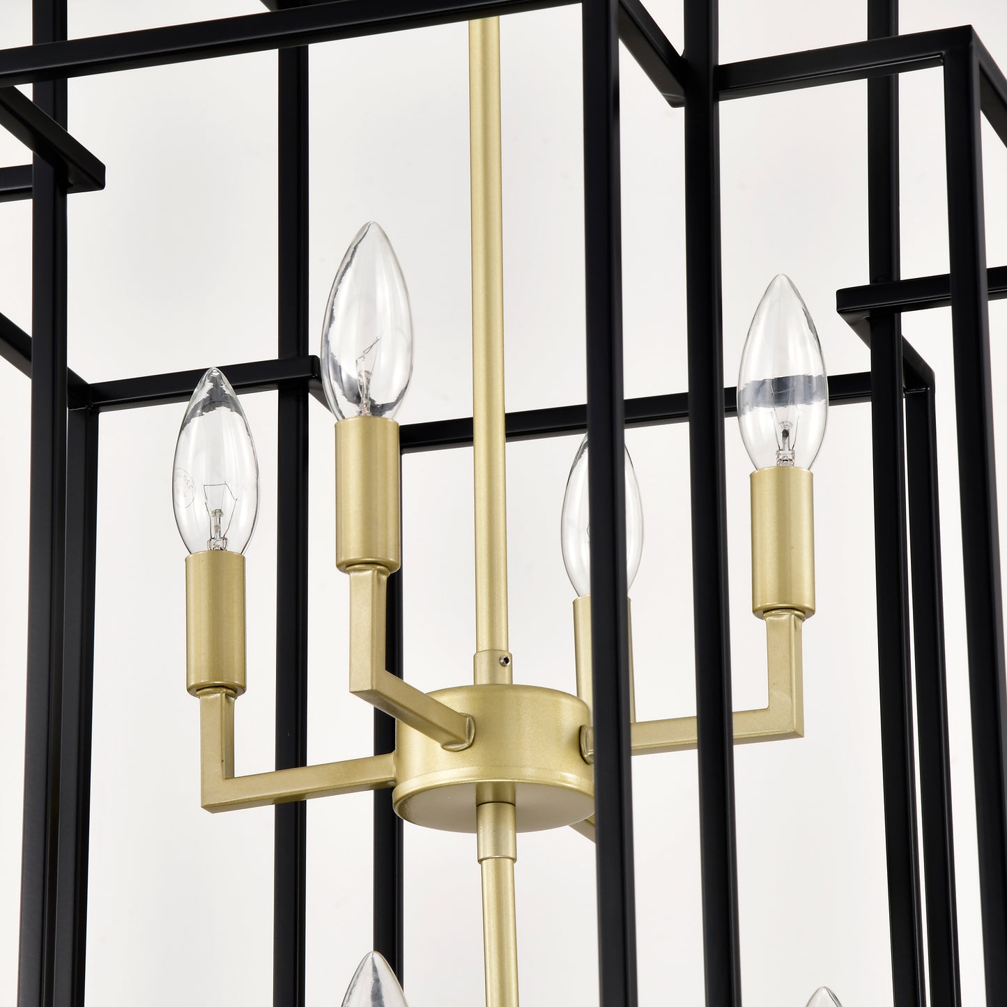 8-Light Metal Lantern Tiered Pendant Hanging Light Fixtures, Industrial Farmhouse Adjustable Height Chandeliers for Dining Room Hallway Foyer Entryway--Matte Black & Gold(E12 Bulbs Not Included)