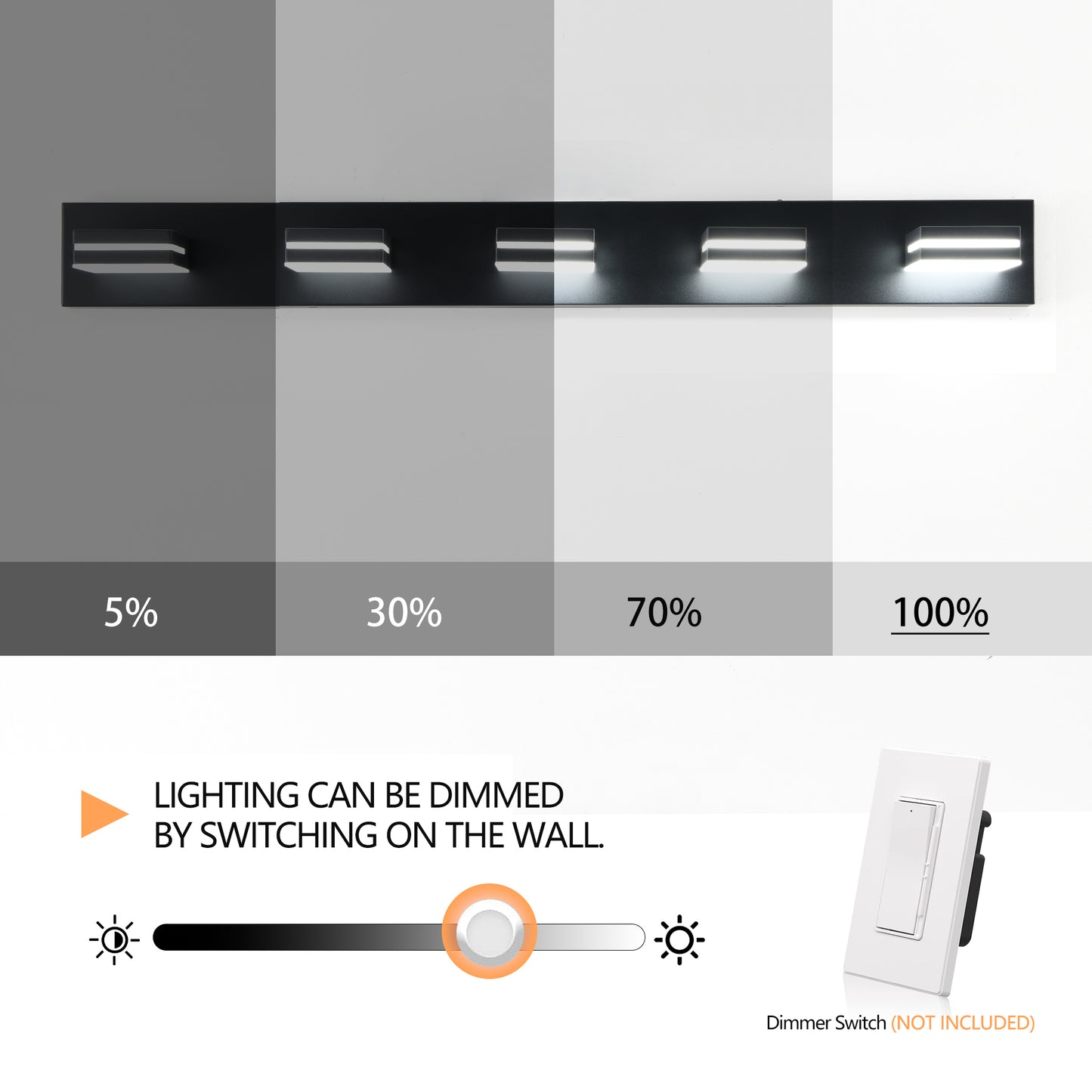 Modern Black LED Vanity Light, 5-Lights Wall Sconce for Bathroom and Mirror, Sleek Minimalist Design, Energy-Efficient, Easy to Install