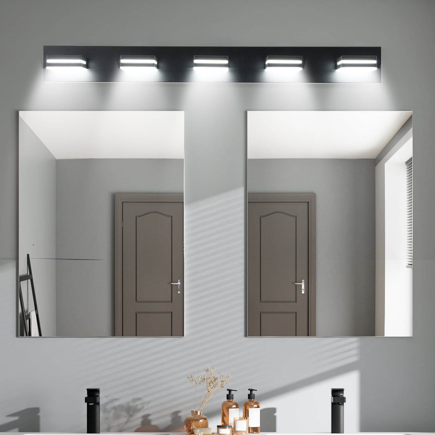 Modern Black LED Vanity Light, 5-Lights Wall Sconce for Bathroom and Mirror, Sleek Minimalist Design, Energy-Efficient, Easy to Install