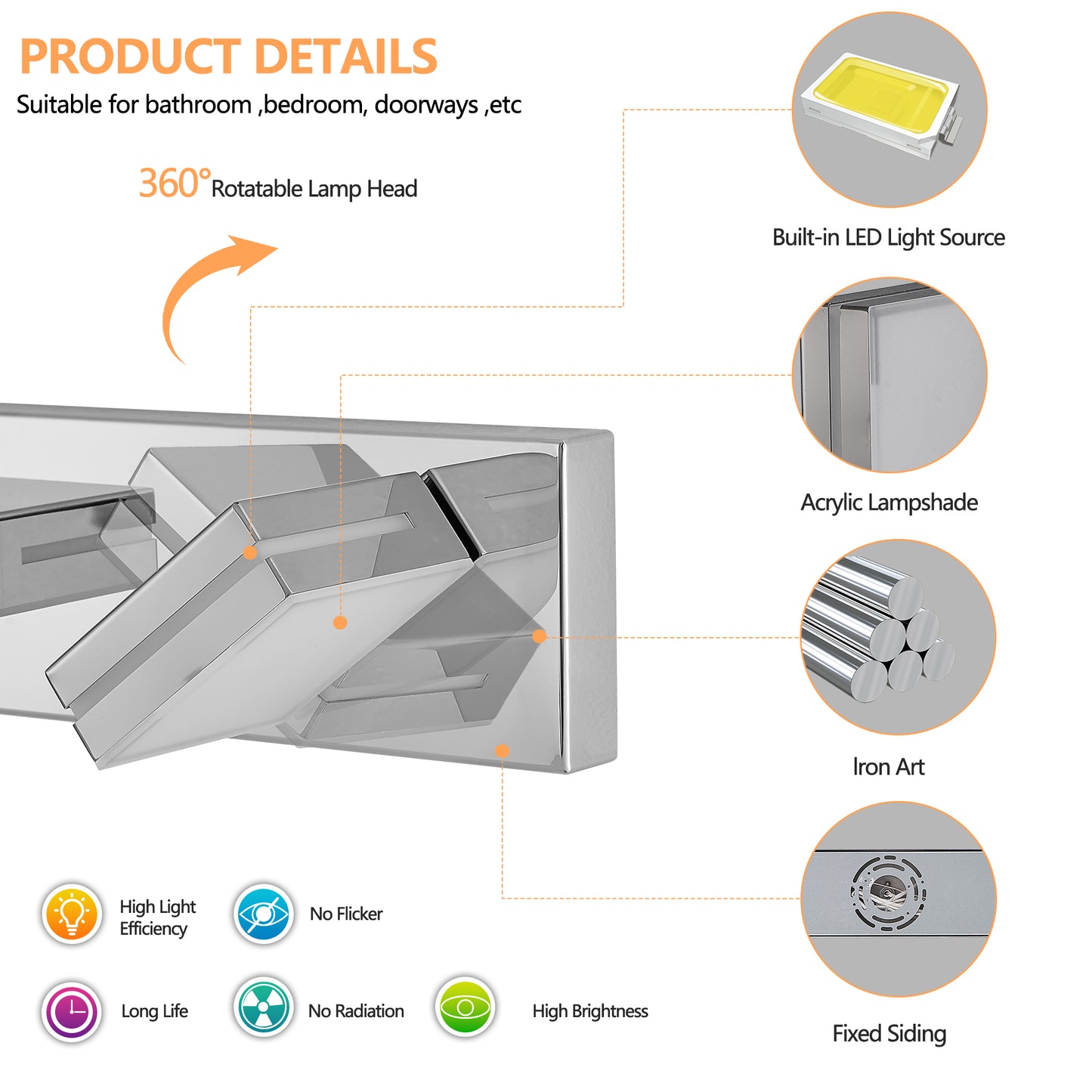 Modern Chrome LED Vanity Light, 5-Lights Wall Sconce for Bathroom and Mirror, Sleek Minimalist Design, Energy-Efficient, Easy to Install
