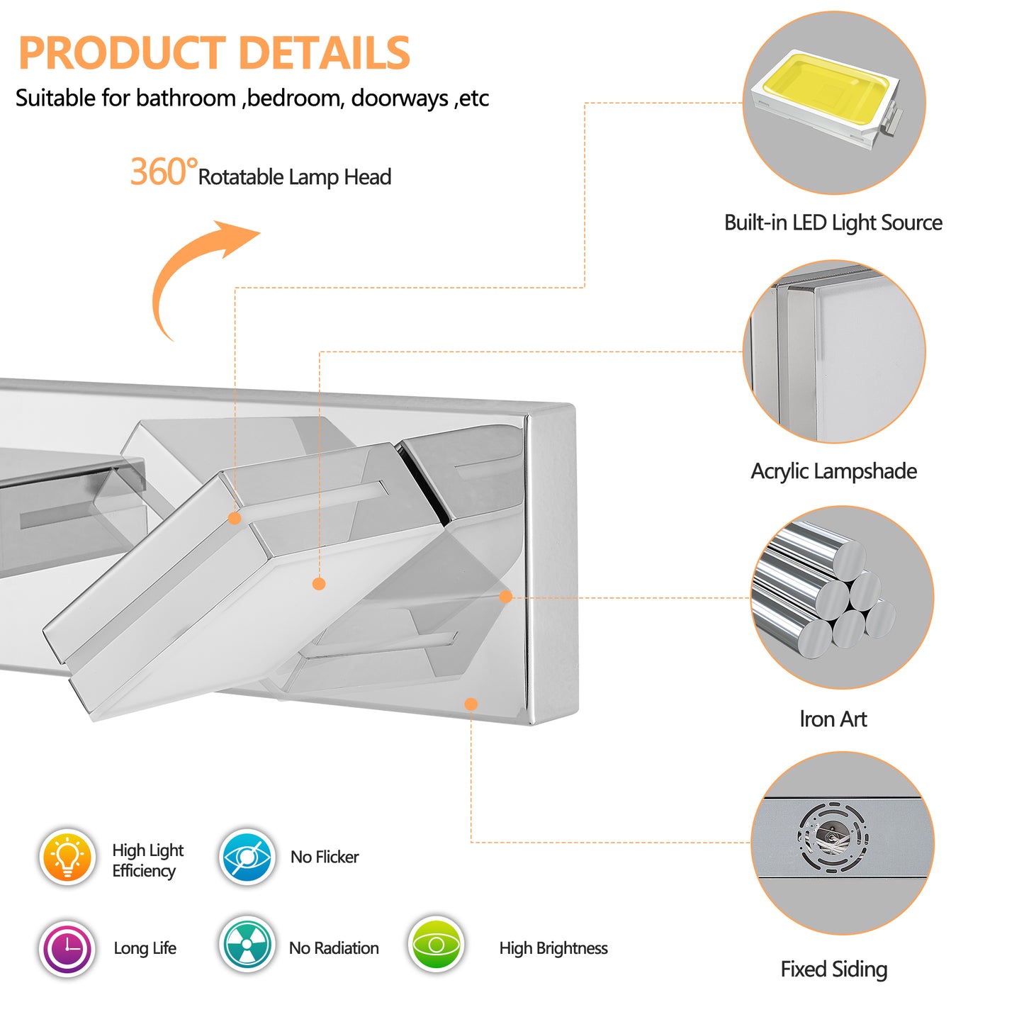 Modern Chrome LED Vanity Light, 6-Lights Wall Sconce for Bathroom and Mirror, Sleek Minimalist Design, Energy-Efficient, Easy to Install
