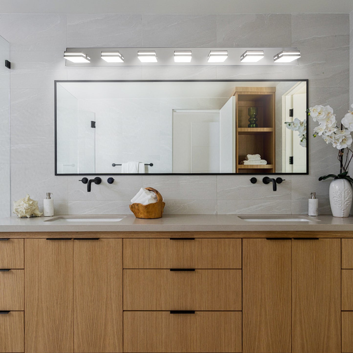 Modern Chrome LED Vanity Light, 7-Lights Wall Sconce for Bathroom and Mirror, Sleek Minimalist Design, Energy-Efficient, Easy to Install