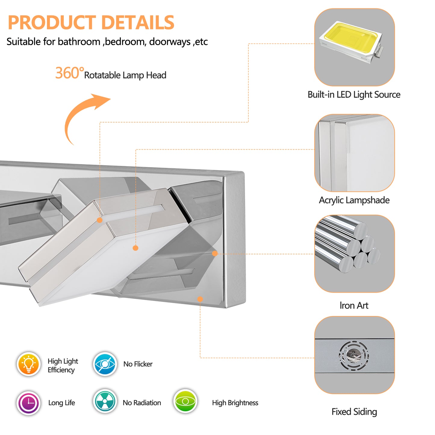 Modern Chrome LED Vanity Light, 7-Lights Wall Sconce for Bathroom and Mirror, Sleek Minimalist Design, Energy-Efficient, Easy to Install