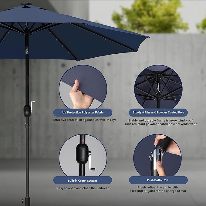 9' Solar Umbrella 32 LED Lighted Patio Umbrella Table Market Umbrella with Push Button Tilt/Crank Outdoor Umbrella for Garden, Deck, Backyard and Pool