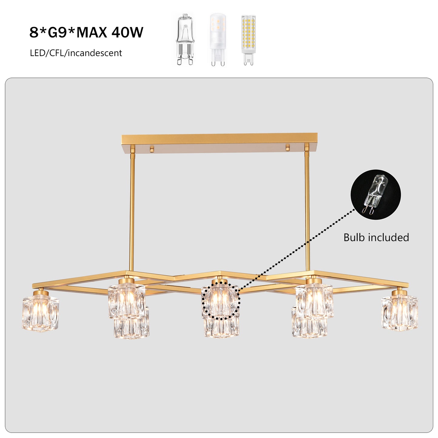 Crystal Chandelier for Dining Room, 8-Light Kitchen Chandelier Light Fixture Modern Metal Industrial Chandeliers for Farmhouse Entryway Living Room--Matte Gold (8*G9 Bulbs Included)