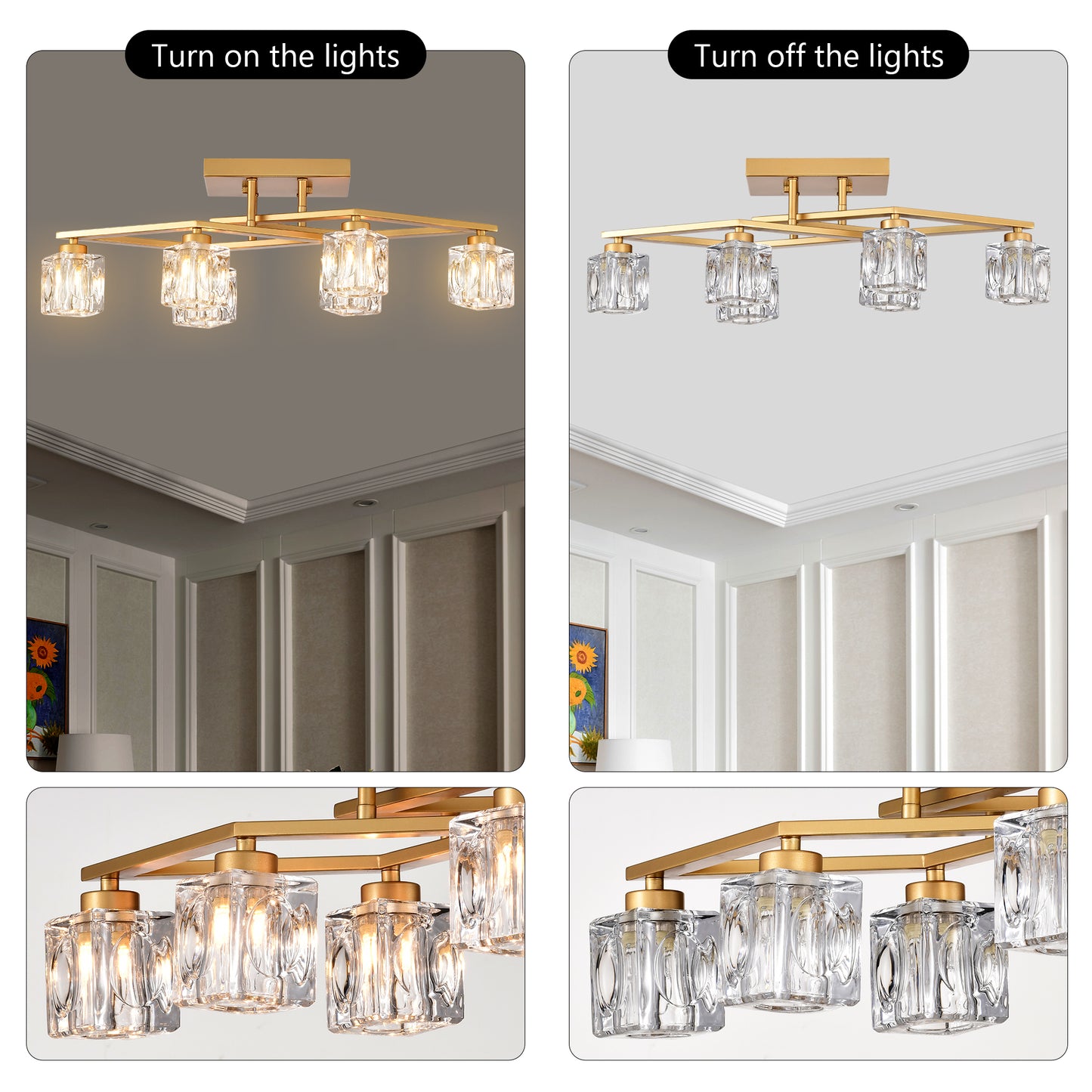 6-Light Crystal Ceiling Light for Dining Room, Modern Ceiling Lamp with Light Fixture For Entryway, Lobby, Kitchen, Bedroom, Living Room, Conference Room, (6*G9 Bulbs Included)--Gold