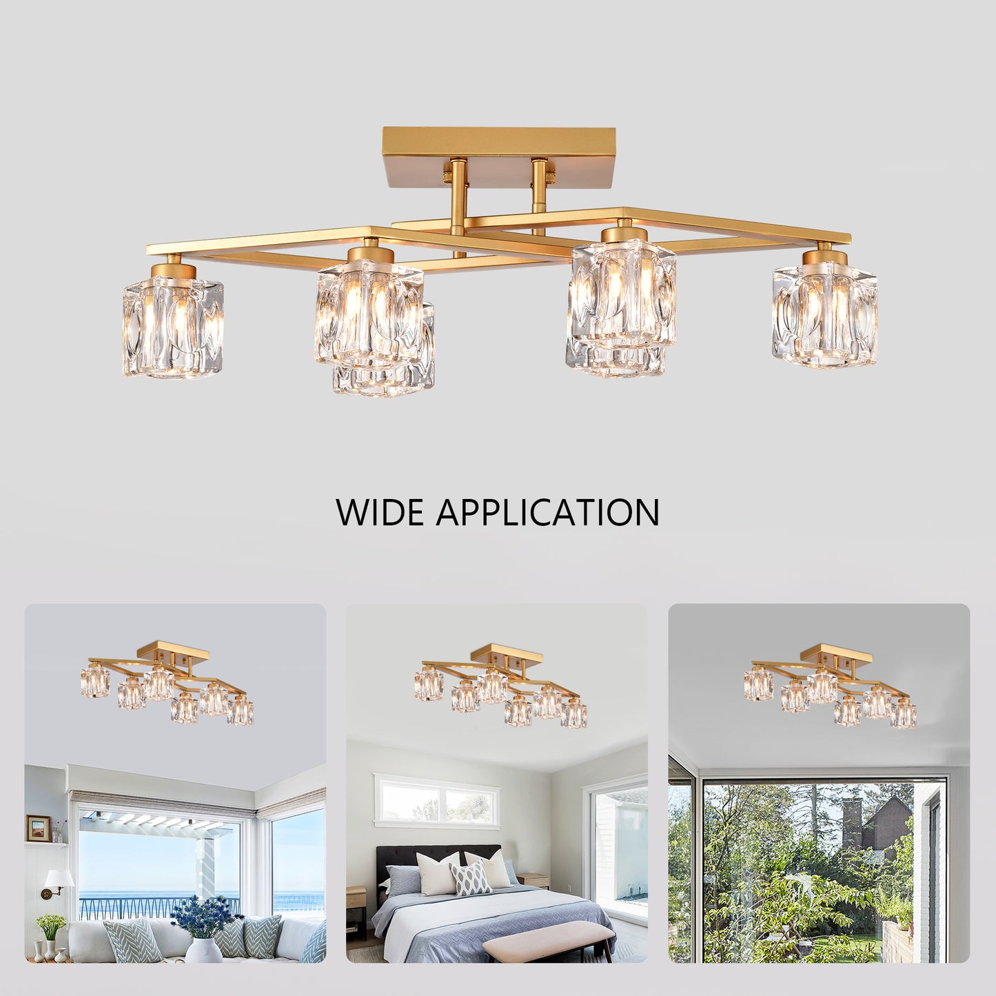 6-Light Crystal Ceiling Light for Dining Room, Modern Ceiling Lamp with Light Fixture For Entryway, Lobby, Kitchen, Bedroom, Living Room, Conference Room, (6*G9 Bulbs Included)--Gold