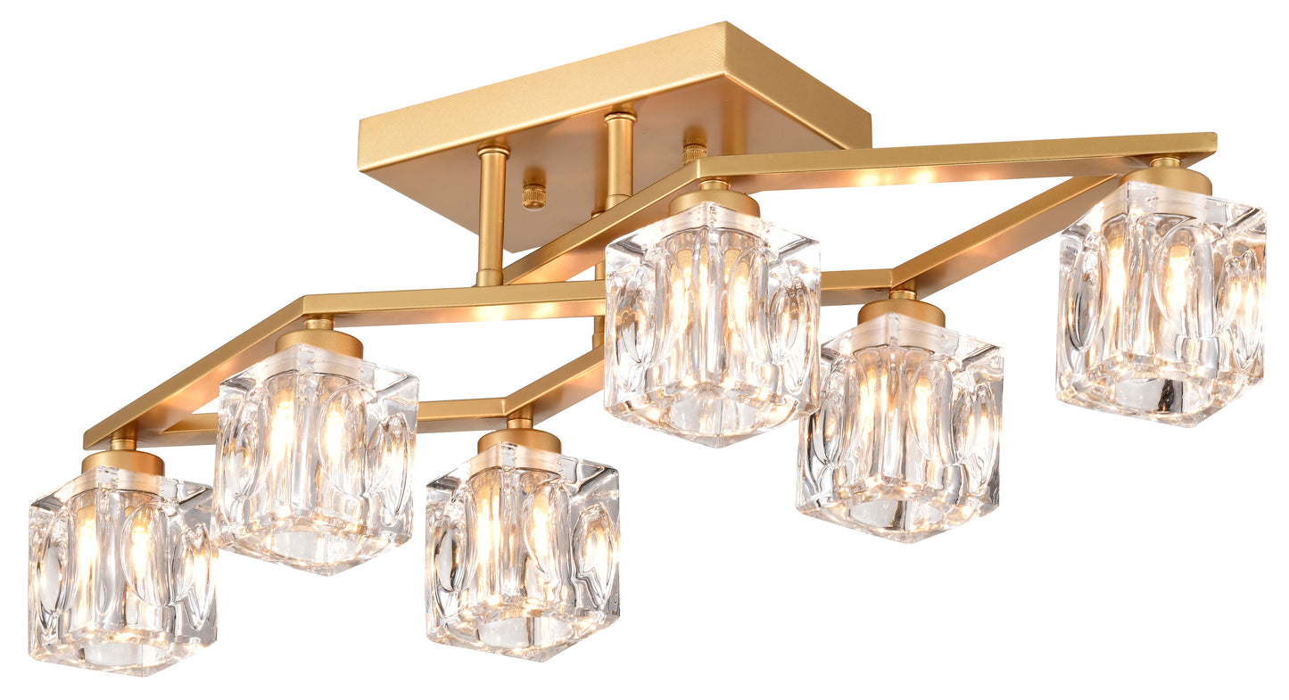 6-Light Crystal Ceiling Light for Dining Room, Modern Ceiling Lamp with Light Fixture For Entryway, Lobby, Kitchen, Bedroom, Living Room, Conference Room, (6*G9 Bulbs Included)--Gold