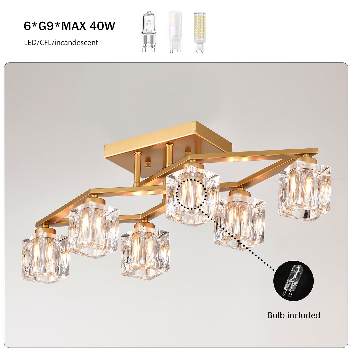6-Light Crystal Ceiling Light for Dining Room, Modern Ceiling Lamp with Light Fixture For Entryway, Lobby, Kitchen, Bedroom, Living Room, Conference Room, (6*G9 Bulbs Included)--Gold