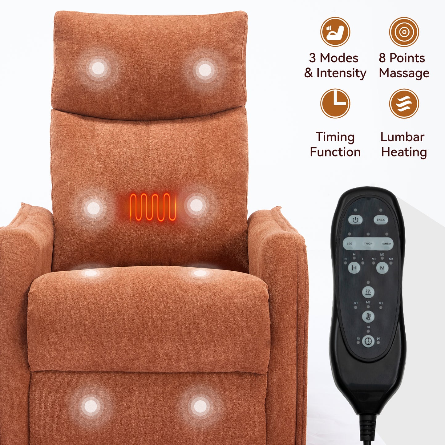 Heat Massage Manual Recliner Chair with Rocker and Swivel in Fabric for Living Room, Orange
