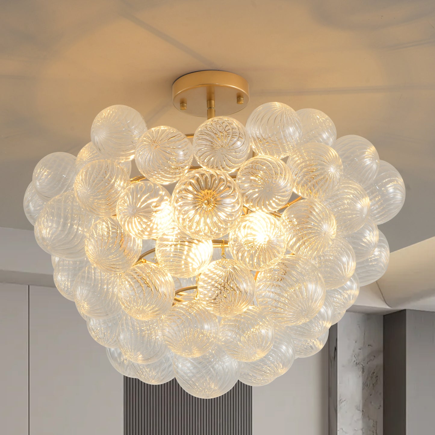 23.6-Inch Gold Ceiling Pendant Light with Threaded Clear Glass Globe Shade – Ideal for Living Room, Dining Room, Kitchen (Non Adjustable Height, No Bulbs)