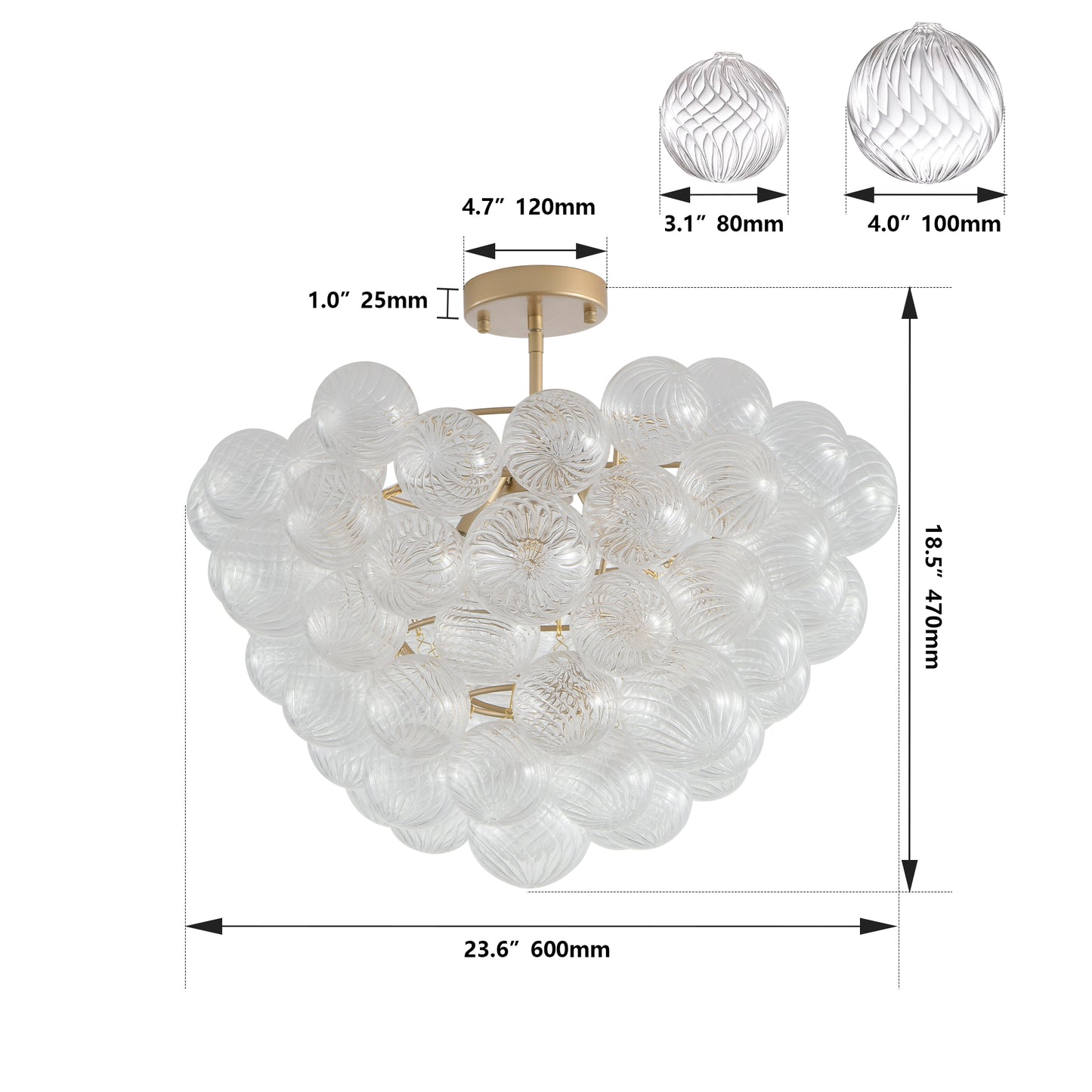 23.6-Inch Gold Ceiling Pendant Light with Threaded Clear Glass Globe Shade – Ideal for Living Room, Dining Room, Kitchen (Non Adjustable Height, No Bulbs)