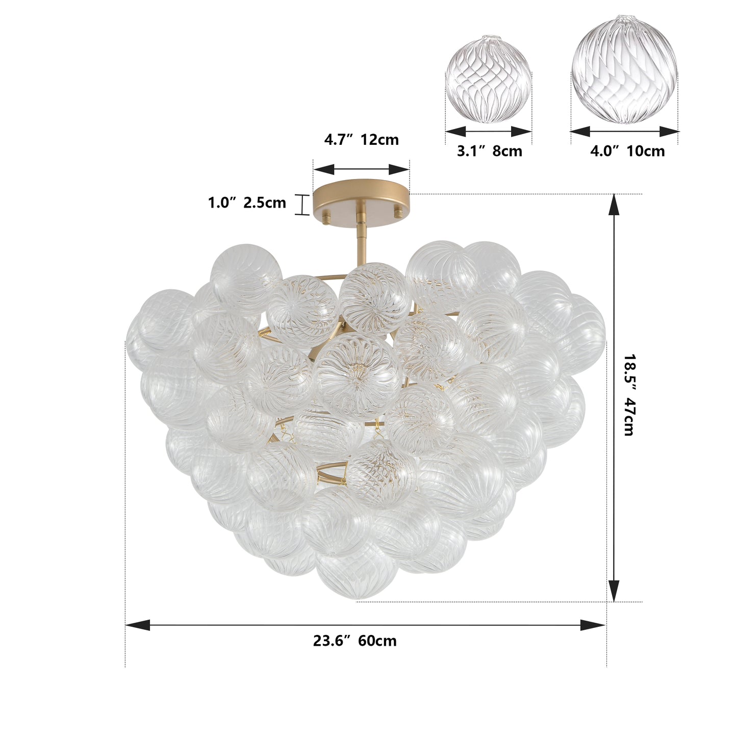 23.6-Inch Gold Ceiling Pendant Light with Threaded Clear Glass Globe Shade – Ideal for Living Room, Dining Room, Kitchen (Non Adjustable Height, No Bulbs)