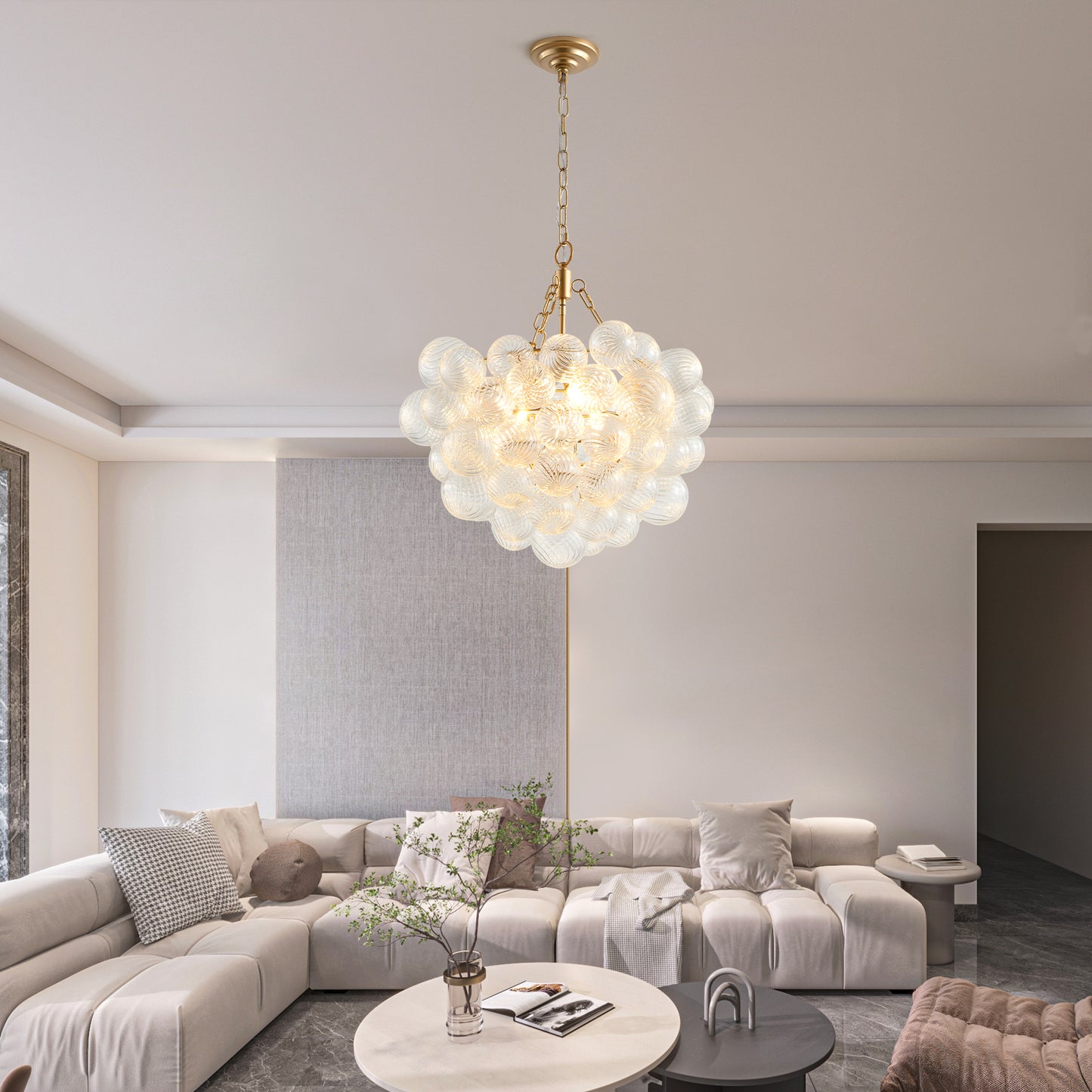 23.6-Inch Gold Pendant Light Chandelier with Threaded Clear Glass Globe Shade – Adjustable Height, Ideal for Living Room, Dining Room, Kitchen (No Bulbs)
